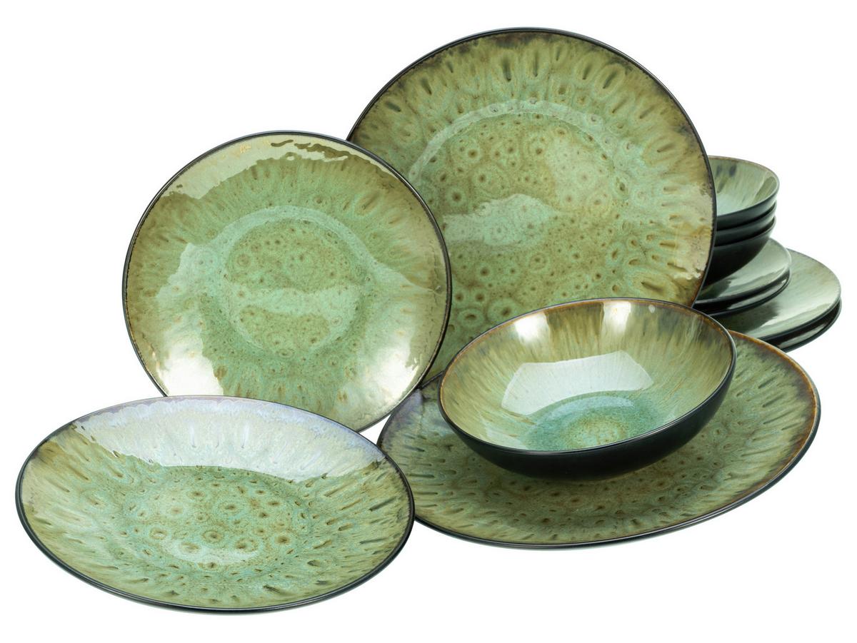 Tafelservice Jawa Tellerset Grün, Schwarz 12--Teilig - Schwarz/Grün, Basics, Keramik - Creatable