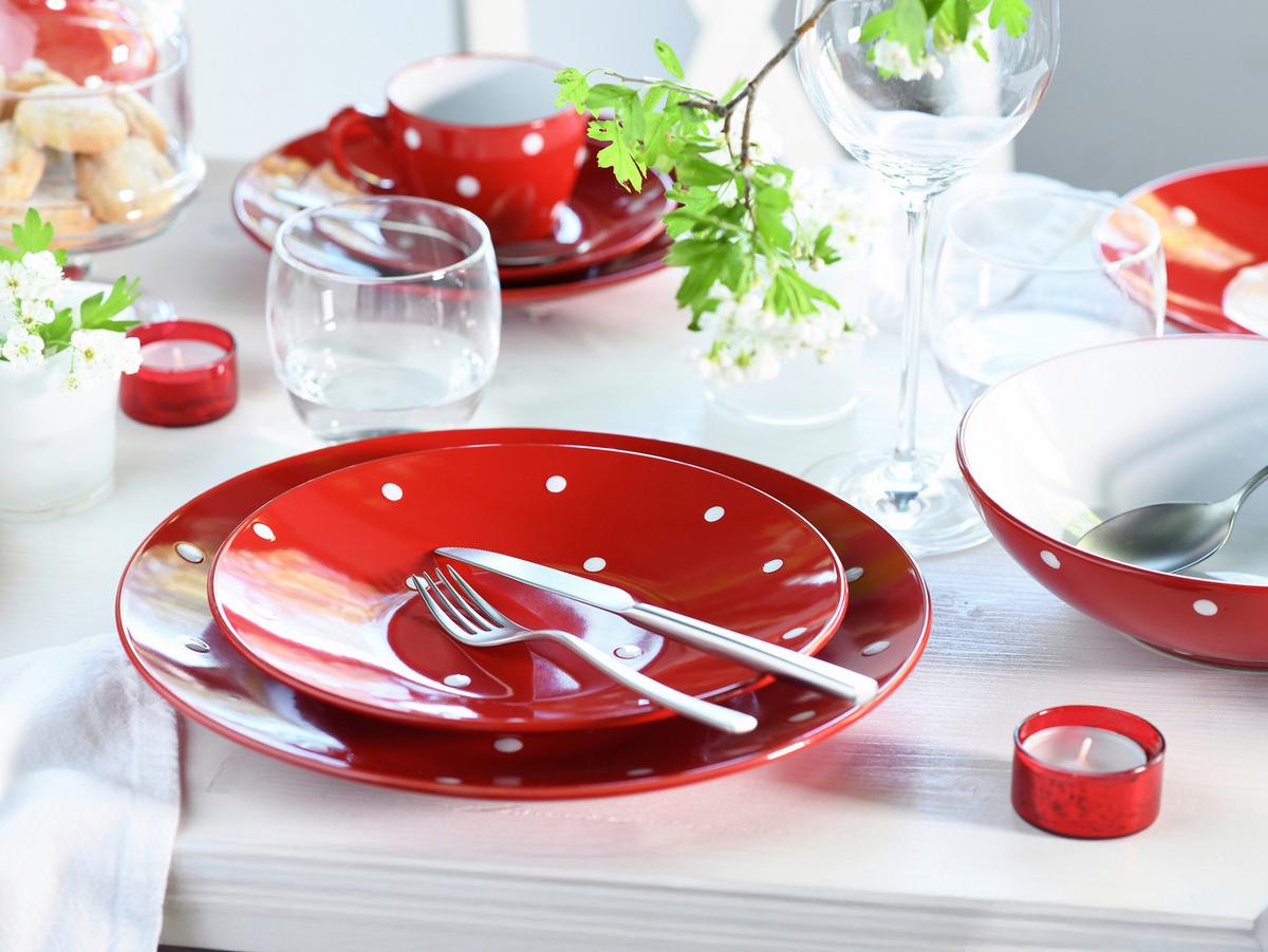 Kombiservice Polka Dots Rot/weiß, 4 Pers., 16-Teilig - Rot/Weiß, Basics, Keramik - Creatable