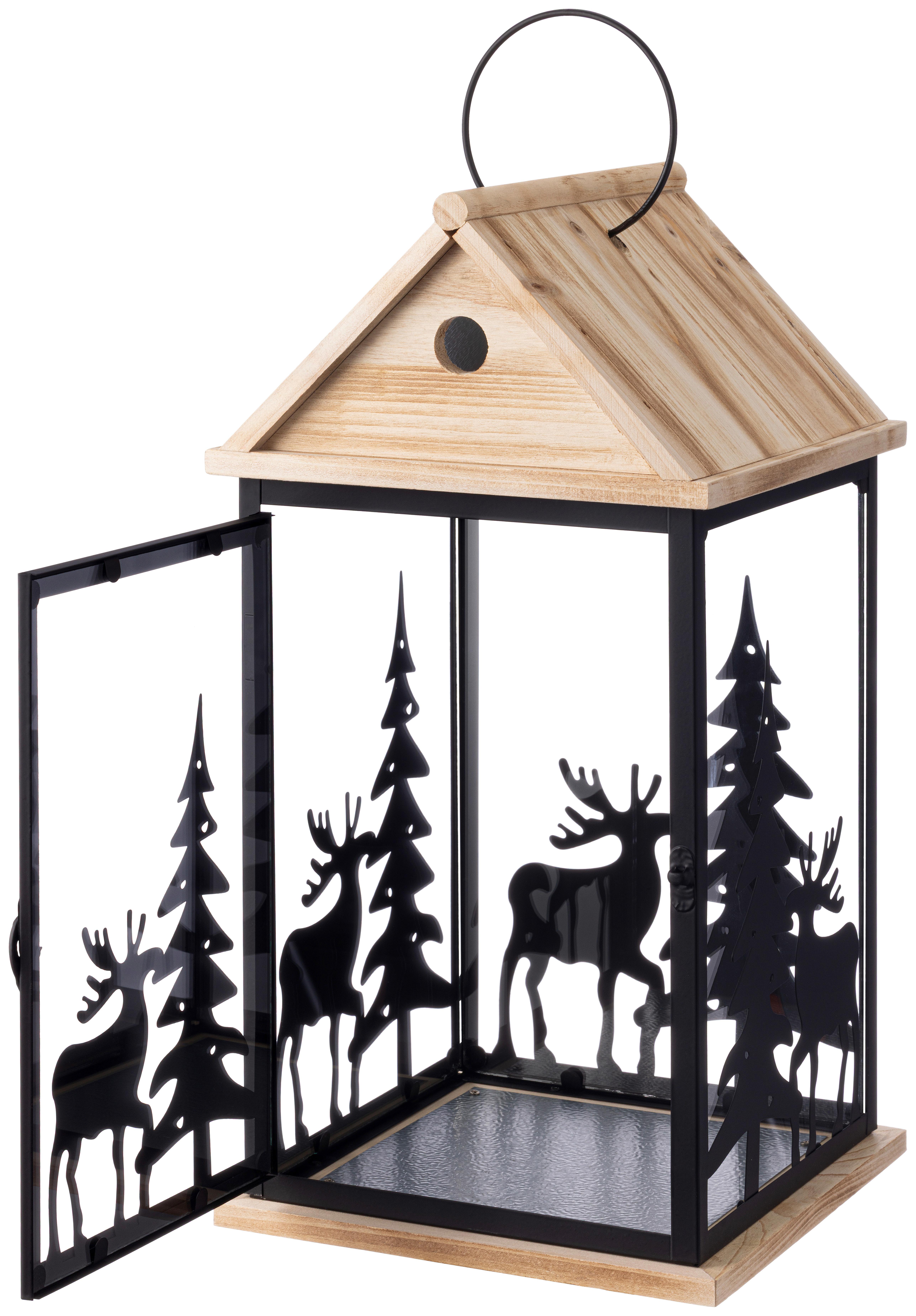 LATERNE Verena H: 25 cm - Schwarz/Braun, KONVENTIONELL, Glas/Holz (16/16/25cm) - Luca Bessoni