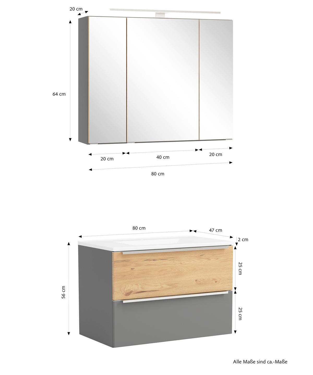 Badezimmer Verona Grau/Wildeiche 2-teilig - Wildeiche/Weiß, Trend, Glas/Holzwerkstoff (80cm) - Held