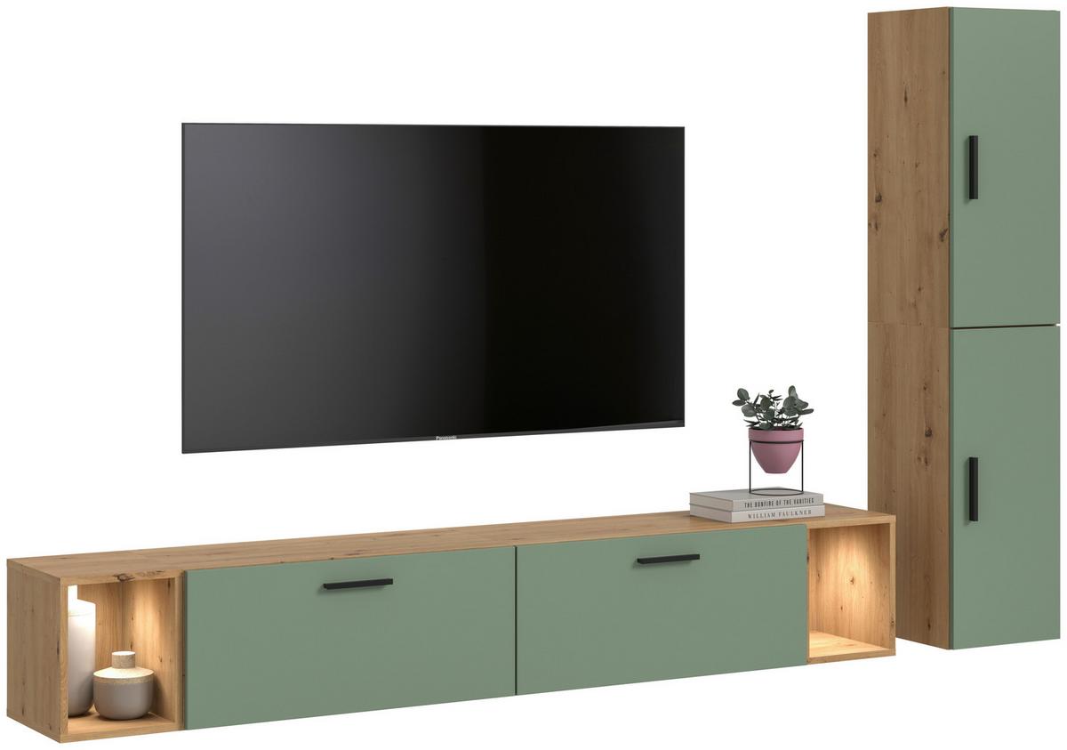 Wohnwand, The ONE 1, B: 259 cm Olivgrün/Artisan Eiche Dekor - Schwarz/Weiß, Trend, Holzwerkstoff (259/182/34cm)
