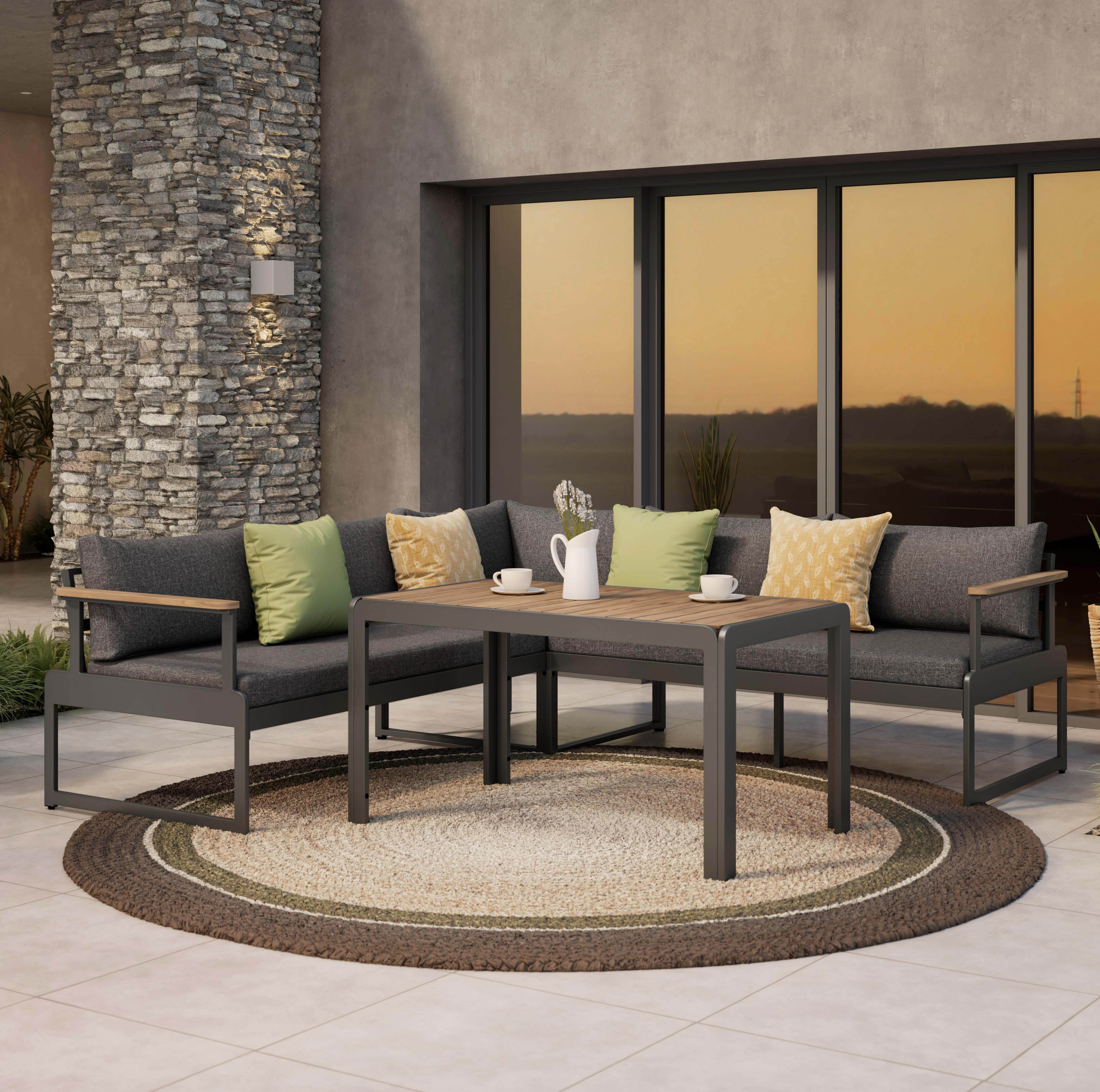 Loungegarnitur 3-Tlg Barletta Holz/Metall/Textil mit Kissen - Grau/Teakfarben, MODERN, Holz/Textil (227/227cm) - Beldano