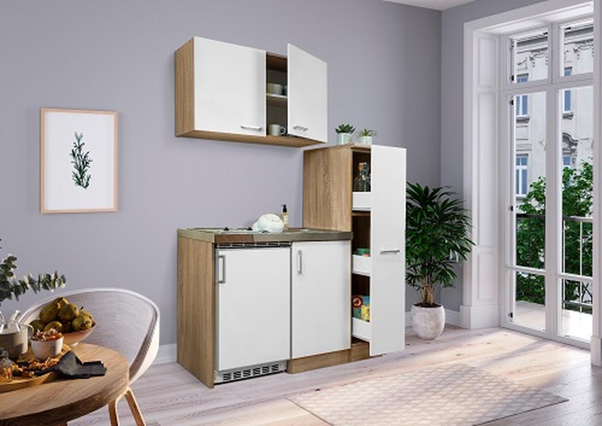 Miniküche mit Kühlschrank + Kochfeld 130 cm Weiß/Eiche - Edelstahlfarben/Eichefarben, MODERN, Holzwerkstoff/Metall (130cm) - Respekta