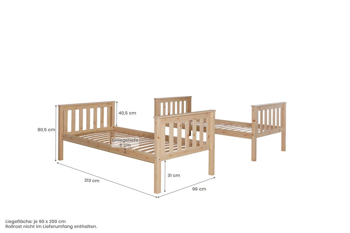 Etagenbett Sammy Kiefer Massiv 90 cm mit Bettkasten + Leiter - Naturfarben, MODERN, Holz (90/200cm) - MID.YOU