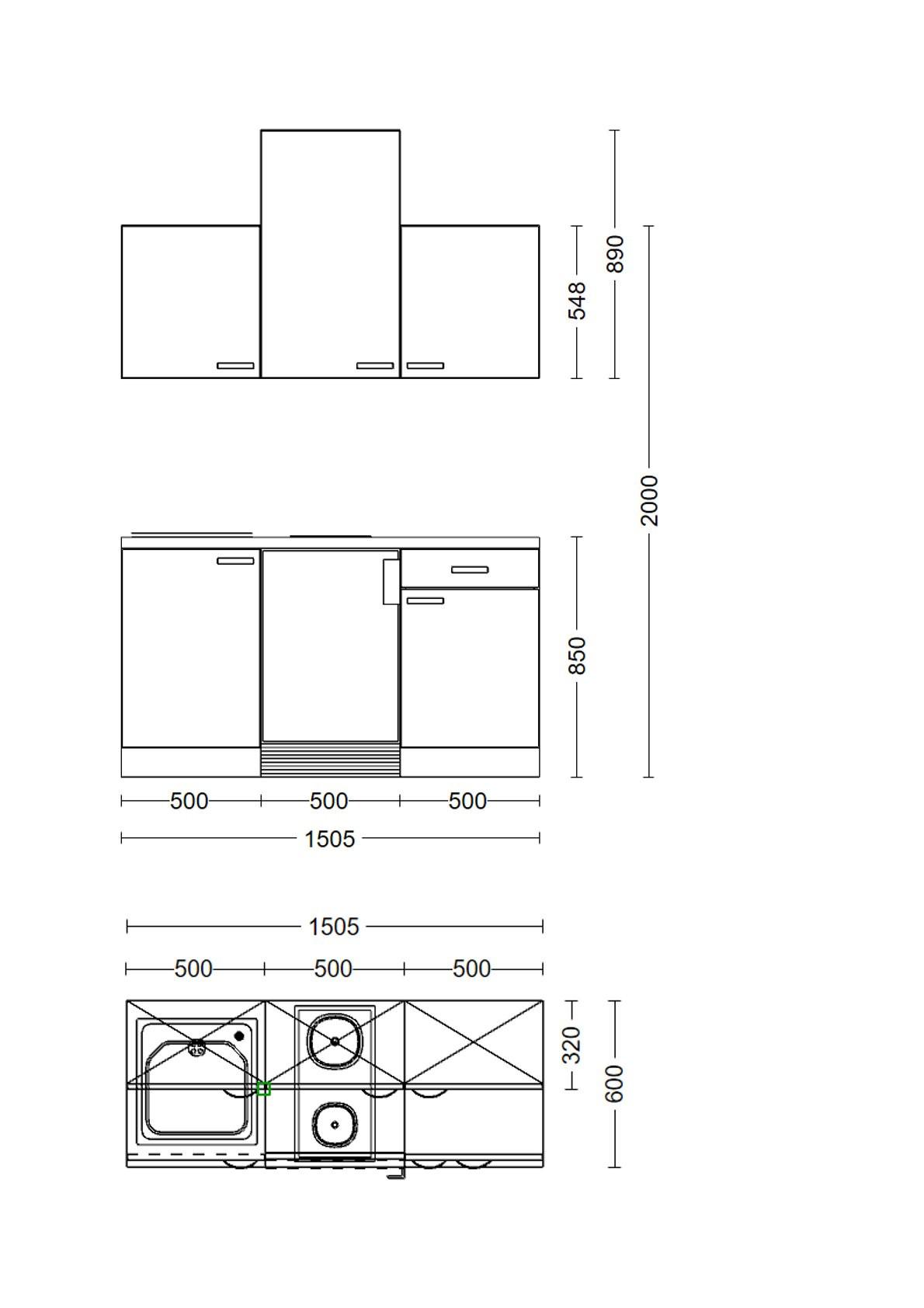 Minikuchyňa NANO vrátane spotrebičov a drezu - farba buka/farba ušľachtilej ocele, Modern, kompozitné drevo/plast (150cm) - FlexWell