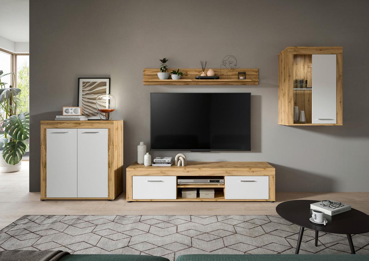 Wohnwand Jam Eiche Wotan Dekor B: 330cm - Silberfarben/Eiche Wotan, Design, Glas/Holzwerkstoff (330/169/35cm) - MID.YOU