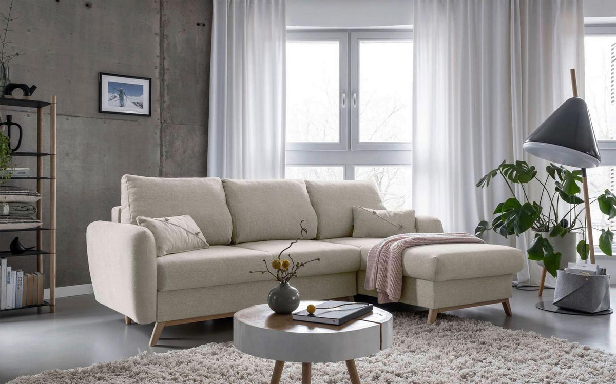 Sedačka LUCILE S, pravá, béžová, úl.prostor a lůžko - přírodní barvy/béžová, dřevo/textil (235/157cm) - MID.YOU