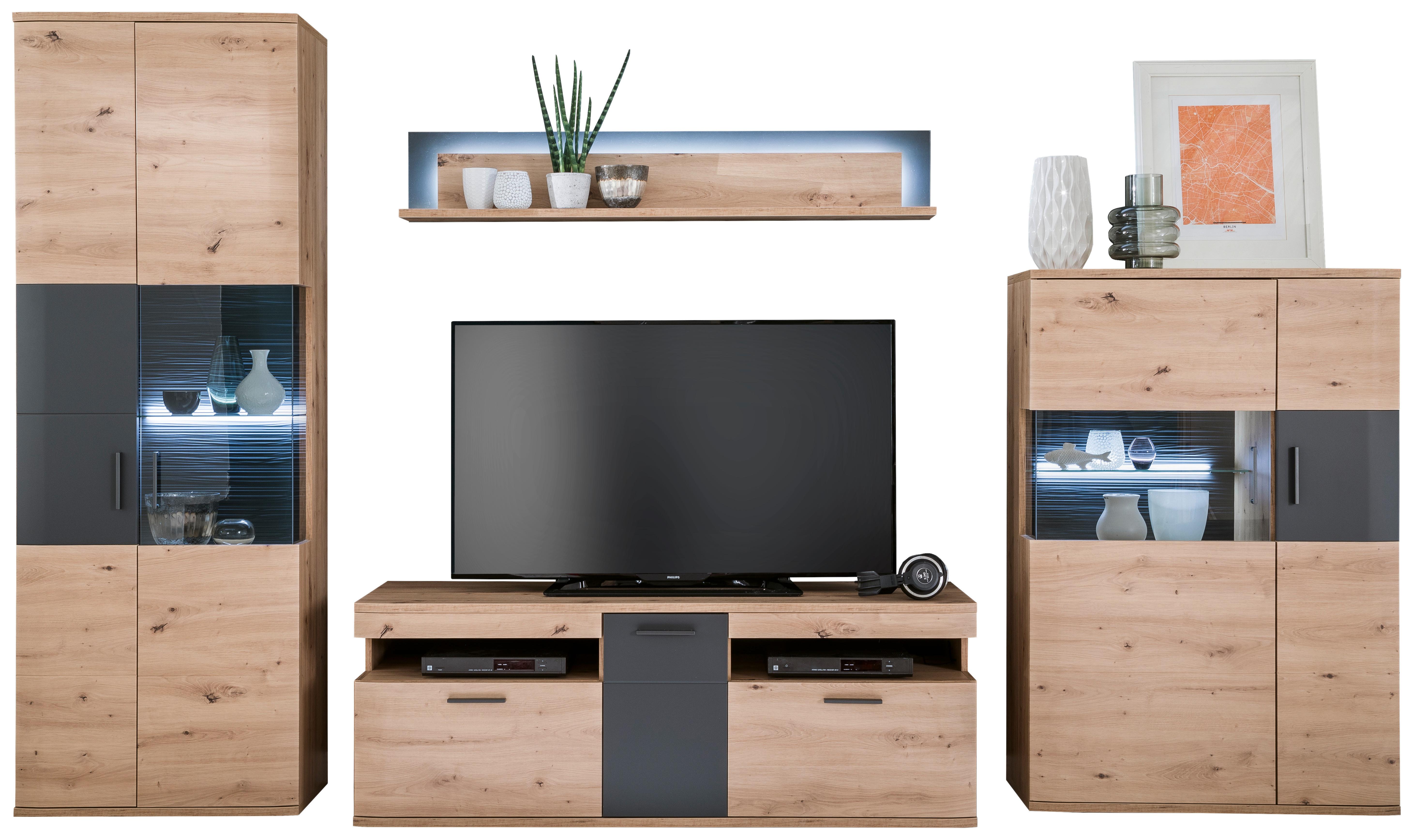 Wohnkombination 4-Tlg. Cortona Anthrazit/Eichefarben - Klar/Eichefarben, Design, Glas/Holzwerkstoff (330/198/50cm) - Livetastic