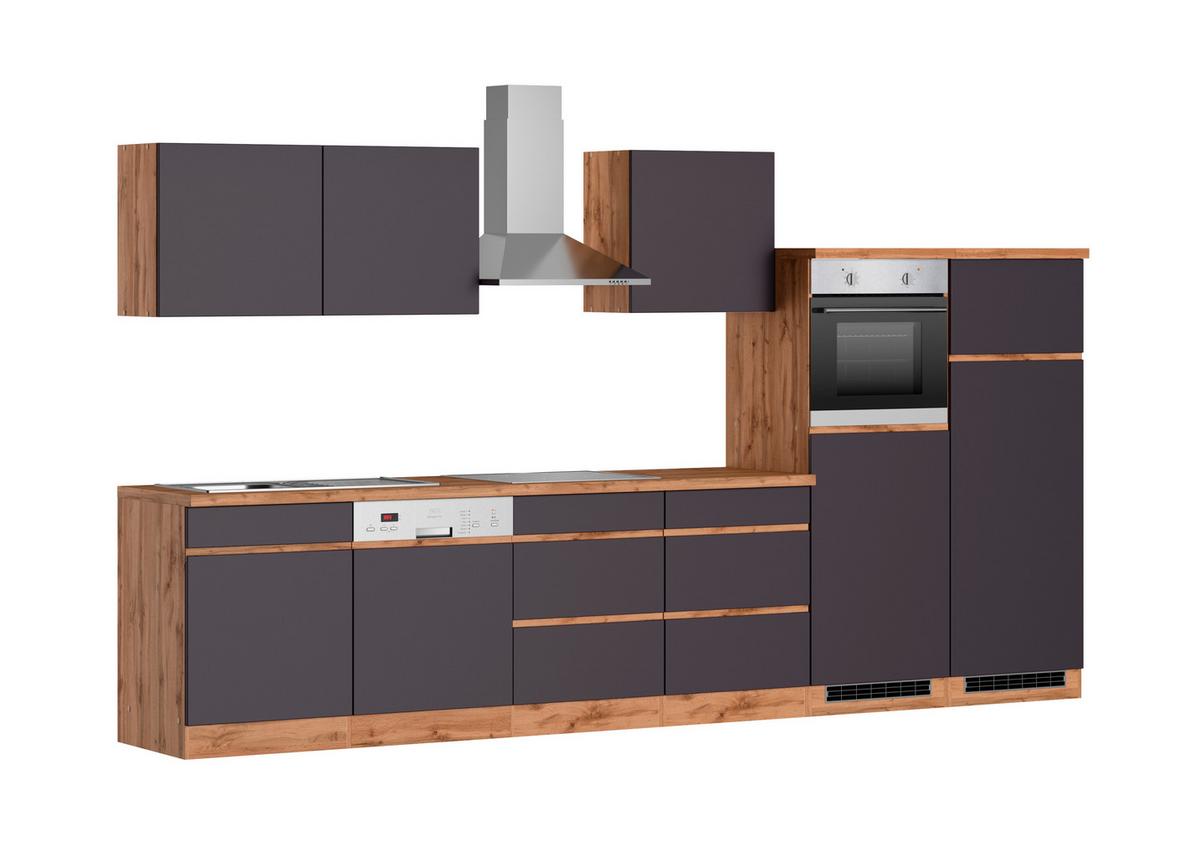 Küchenzeile Turin mit Geräte B: 360cm Grau/Wotaneiche Dekor - Eiche Wotan/Grau, Design, Holzwerkstoff (360cm) - Held