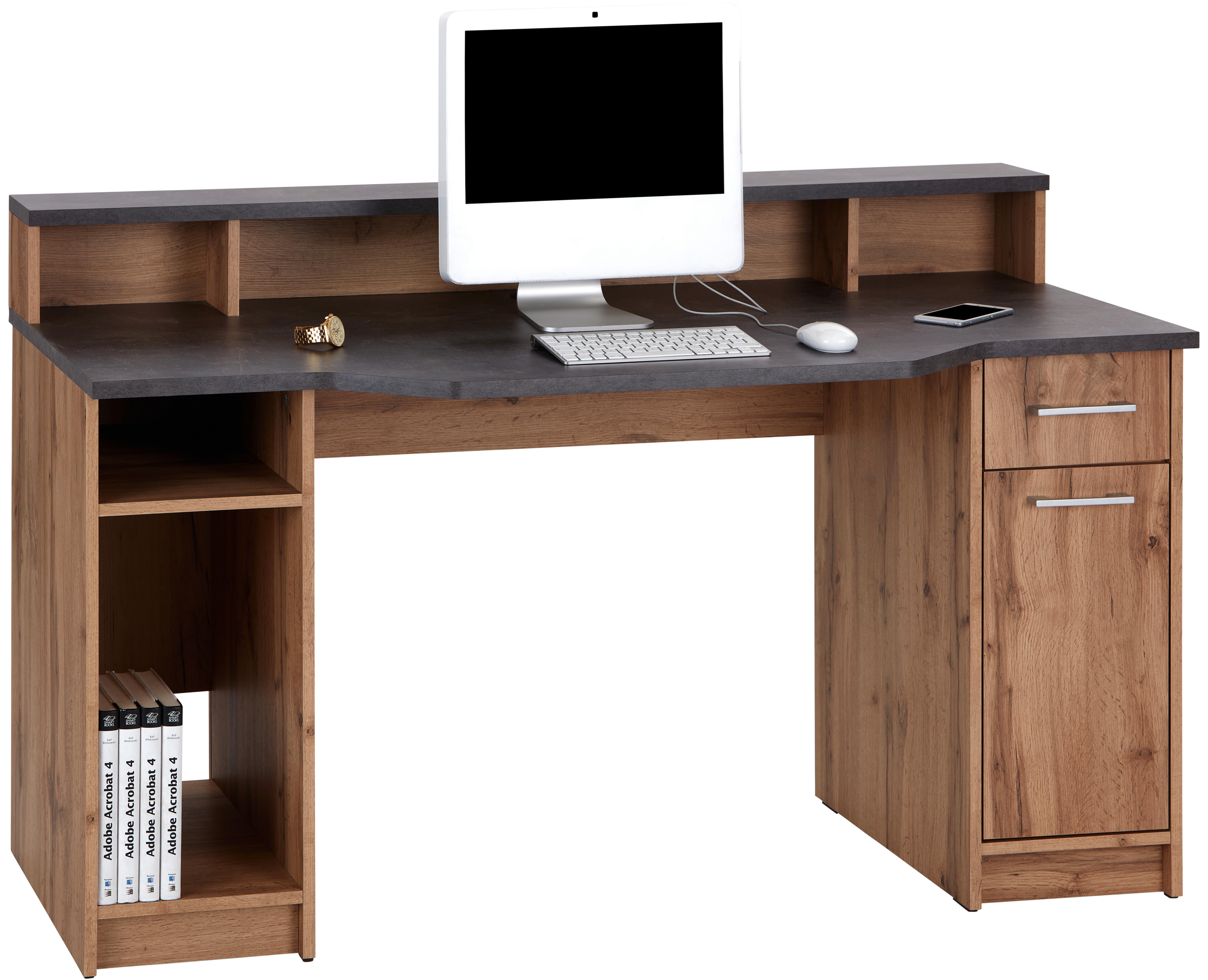 Schreibtisch + Stauraum B 150 cm H 91cm Tobi Beton/ Dekor - Eichefarben/Grau, MODERN, Holzwerkstoff (150/91/68cm)