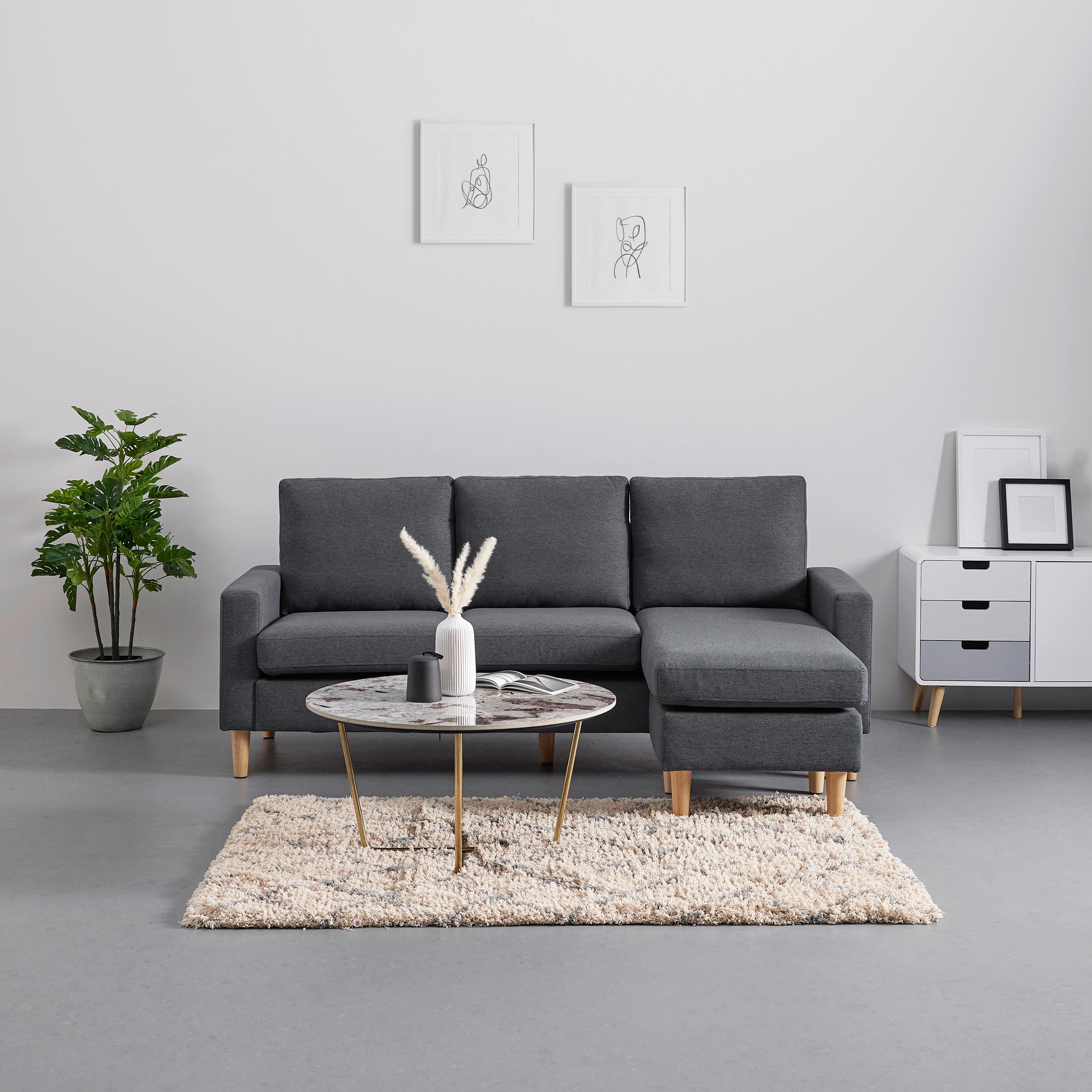 Tmavě šedá rohová pohovka s taburetem Noemie - šedá/přírodní barvy, Moderní, dřevo/textil (198/86/78-135cm) - Bessagi Home