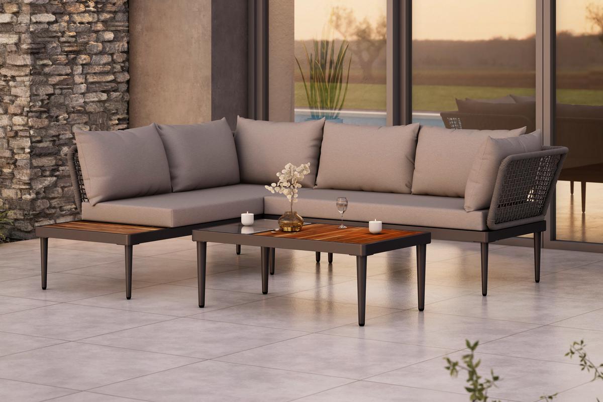 Loungegarnitur 3-Tlg. Basel aus Holz/Metall mit Kissen - Naturfarben/Grau, MODERN, Glas/Holz (186/150cm) - Beldano