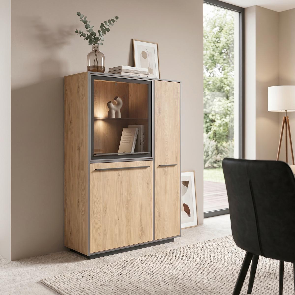 Highboard 101cm Nadiro Wildeiche Dekor/Schwarz Matt - Eichefarben/Schwarz, Trend, Glas/Holzwerkstoff (101/161/41cm) - Livetastic