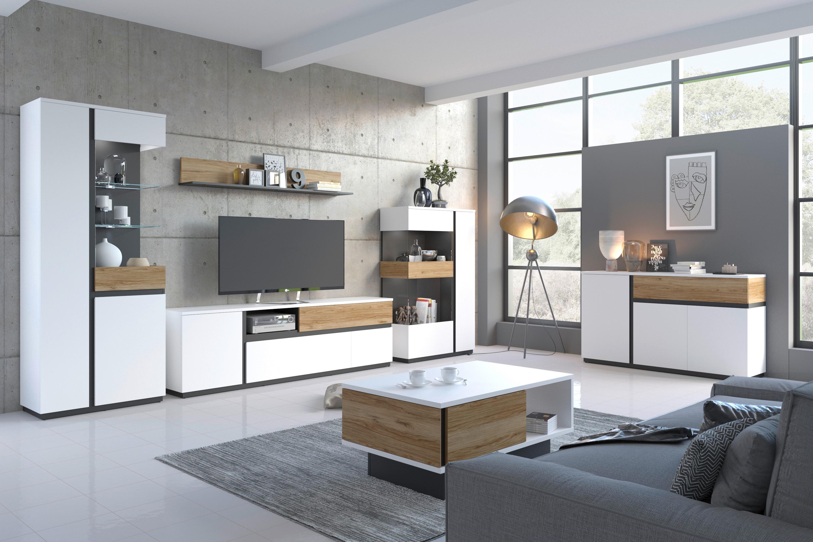Sideboard Novena Alpinweiß B: 208,8 Cm - Eichefarben/Schwarz, Trend, Holzwerkstoff (208,8/87,3/40cm)