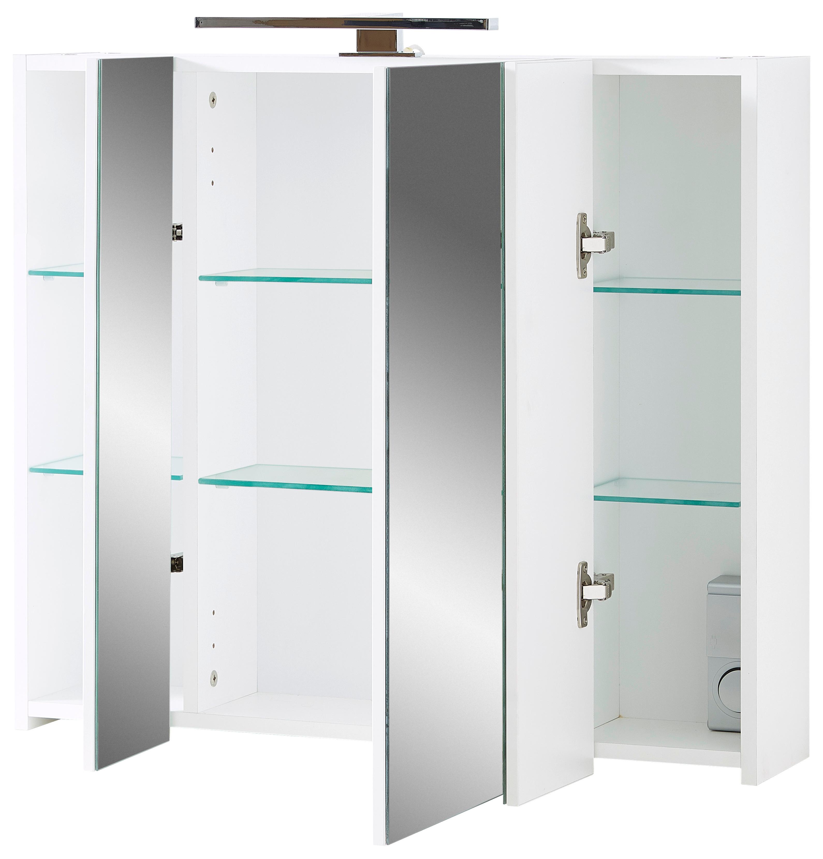 Der Spiegelschrank bietet jede Menge Stauraum auf kleiner Flächer