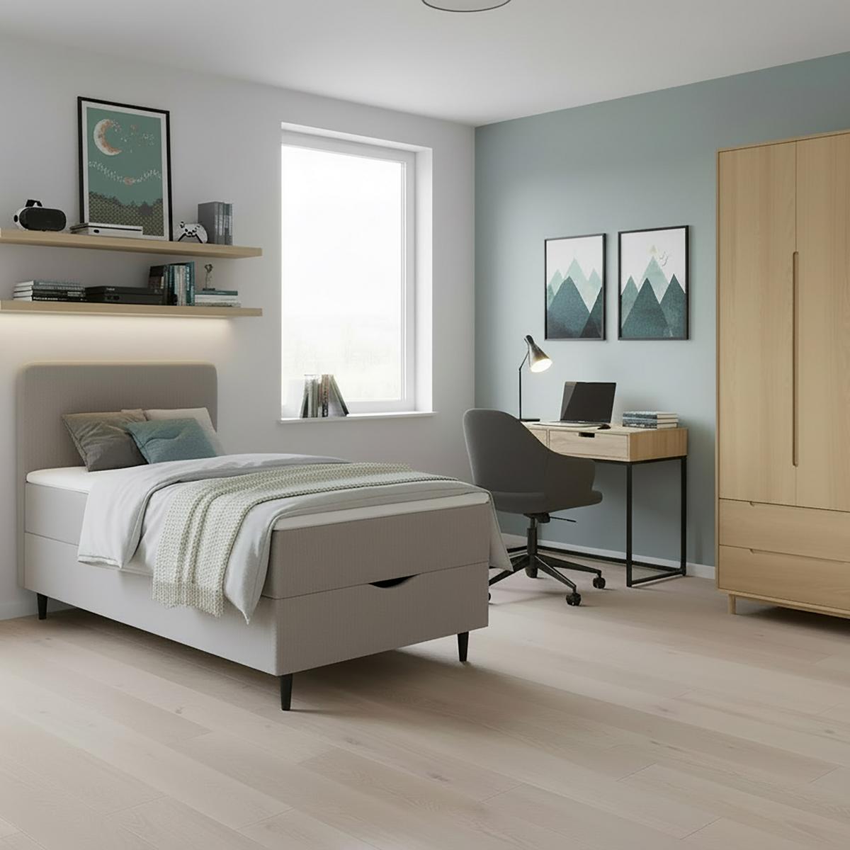 Boxspringová postel VIDA 90x200, šedá, s topperem - šedá/černá, Moderní, dřevo/textil (90/200cm) - Bessagi Home