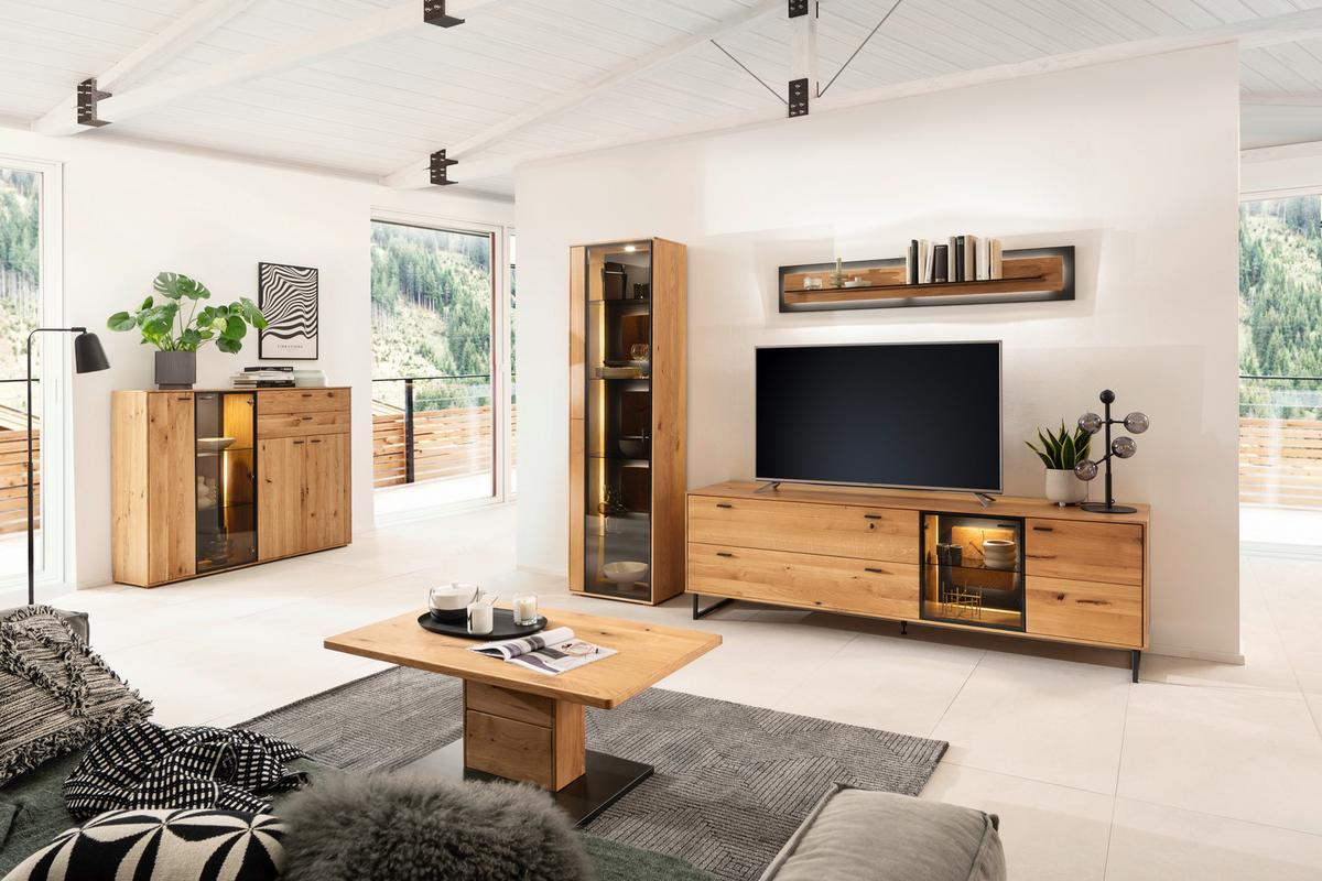 Lowboard Assini B: 213 cm Wildeiche - Wildeiche/Schwarz, Design, Glas/Holz (213/68/50cm) - MID.YOU