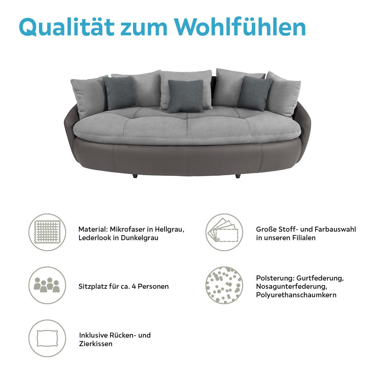 Big Sofa Aruba mit Kissen Grau/Hellgrau Lederlook - Hellgrau/Schwarz, LIFESTYLE, Textil (238/80/140cm)