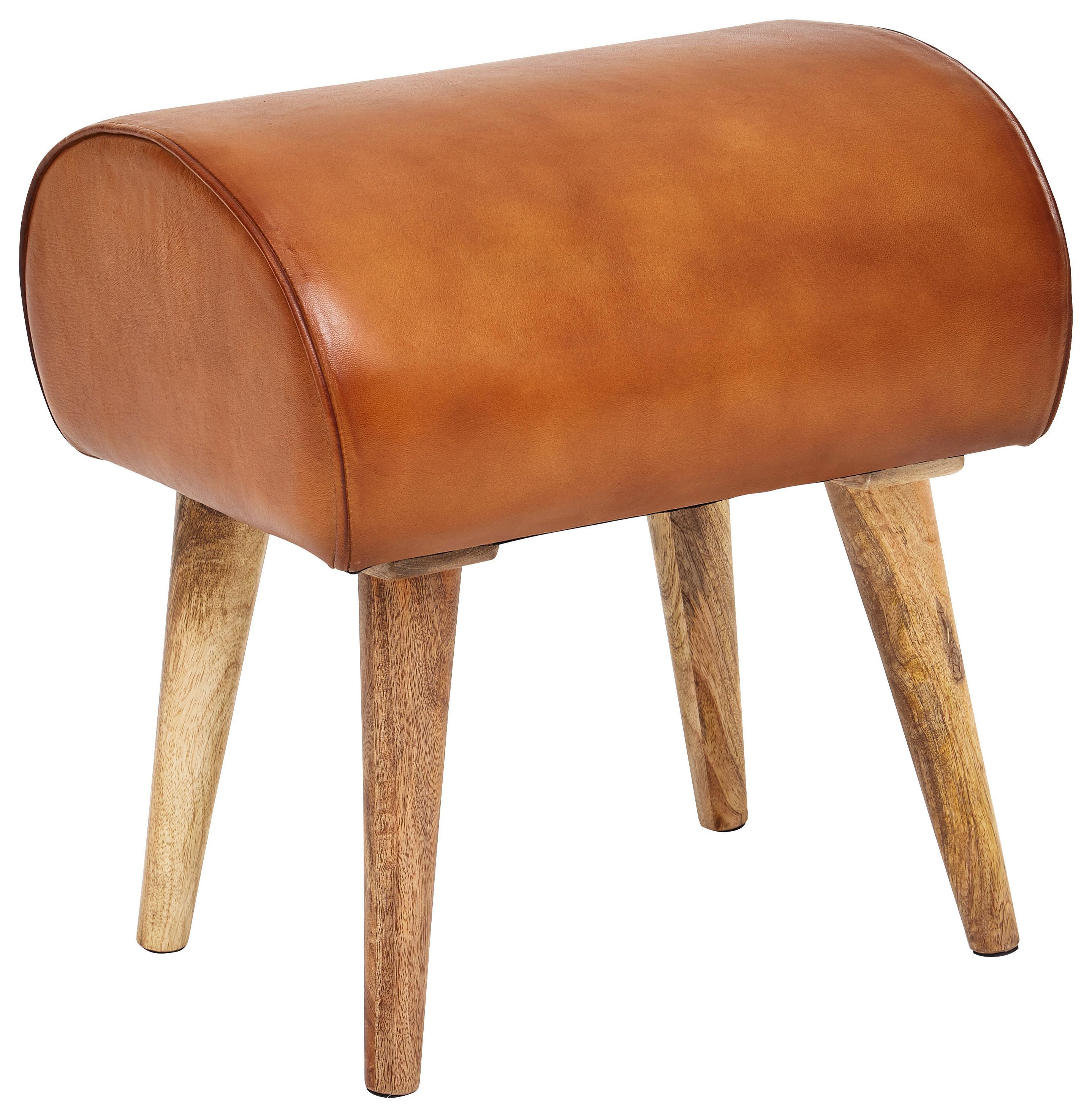 Hocker aus braunem Ziegenleder und Mangoholz