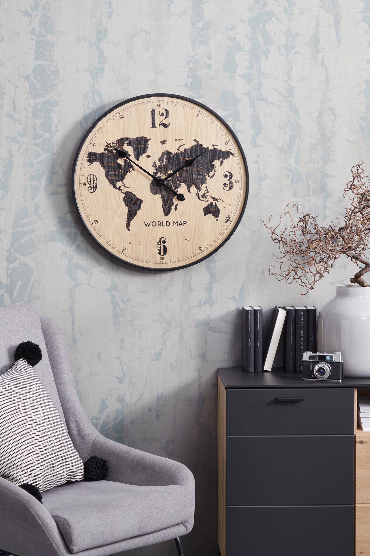 Wanduhr Aras Ø 60 cm Analog Natur/Schwarz Eisen Weltkarte - Schwarz, Basics, Holzwerkstoff/Metall (60cm) - Luca Bessoni