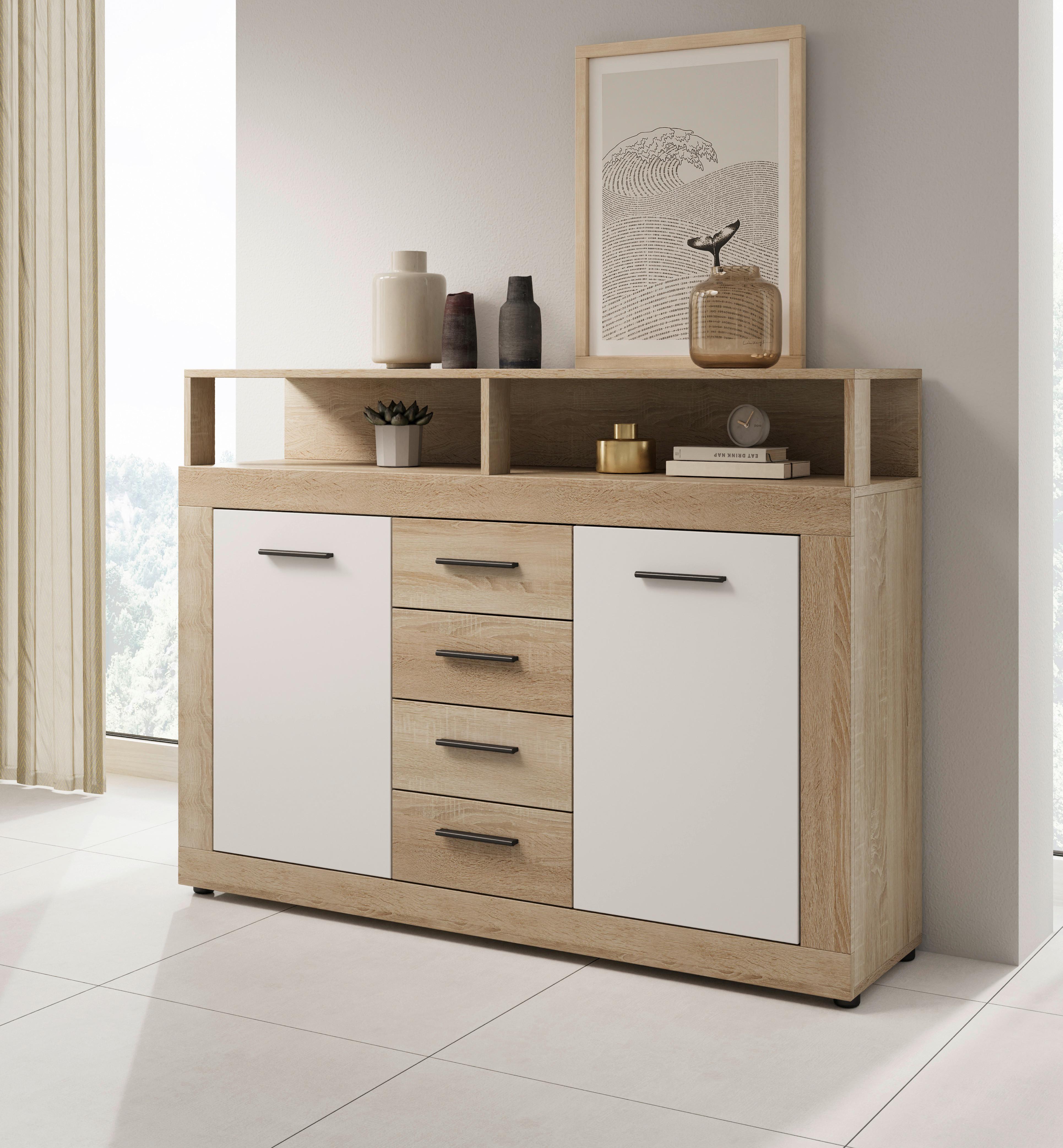 Kommode Lupo Eiche Dekor Weiß B: 119 Cm - Weiß/Sonoma Eiche, Design, Holzwerkstoff (119/96/32cm) - MID.YOU