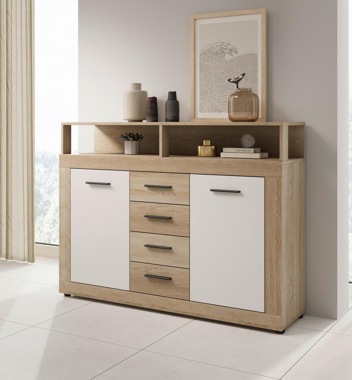 Kommode Lupo Eiche Dekor Weiß B: 119 Cm - Weiß/Sonoma Eiche, Design, Holzwerkstoff (119/96/32cm) - MID.YOU