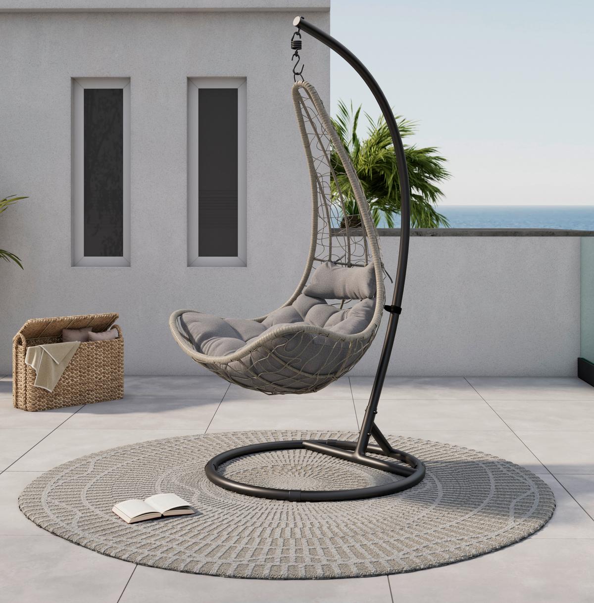 Hängesessel mit Gestell Korinth mit Kissen - Schwarz/Grau, MODERN, Kunststoff/Textil (105/195cm) - Luca Bessoni