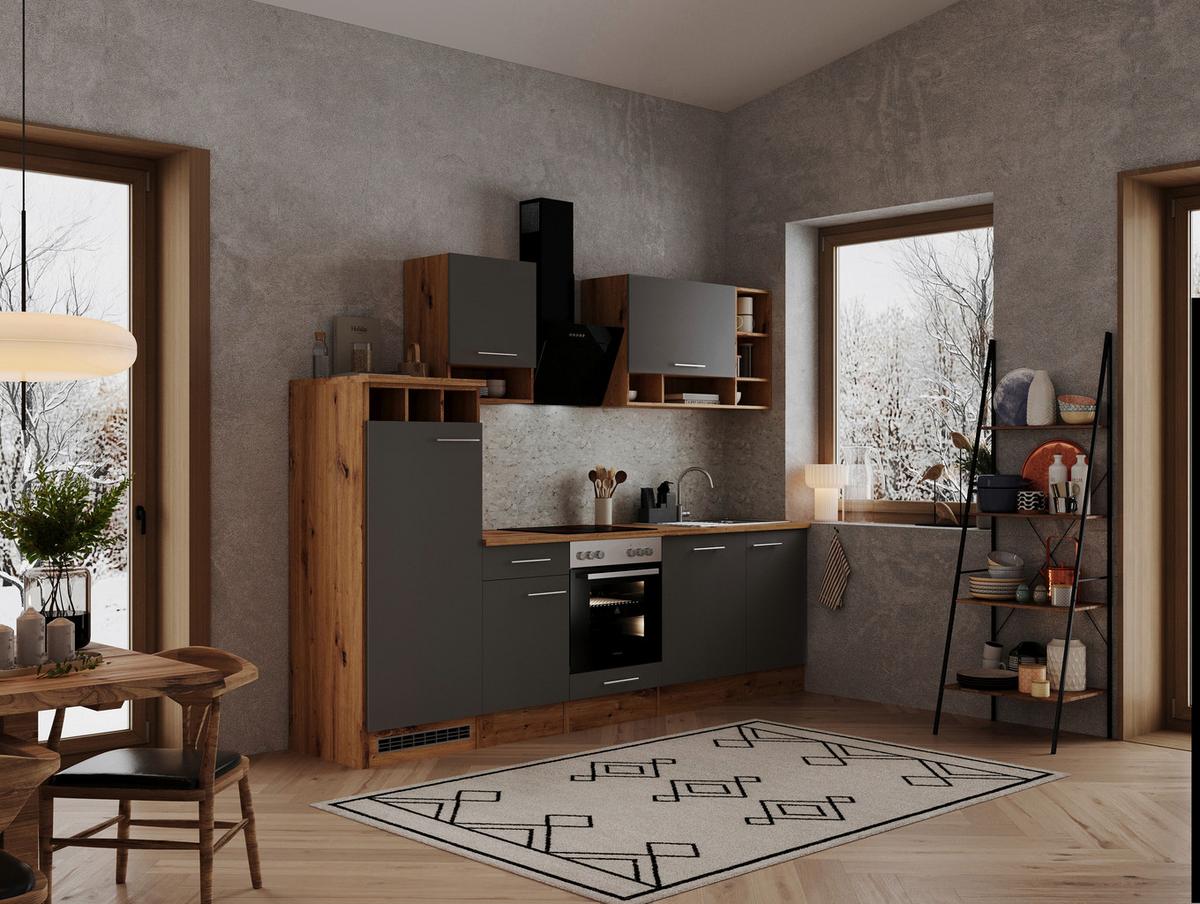 Küchenzeile Economy Mit Geräten 280 cm Grau/Wildeiche - Wildeiche/Grau, Basics, Holzwerkstoff (280cm) - Respekta