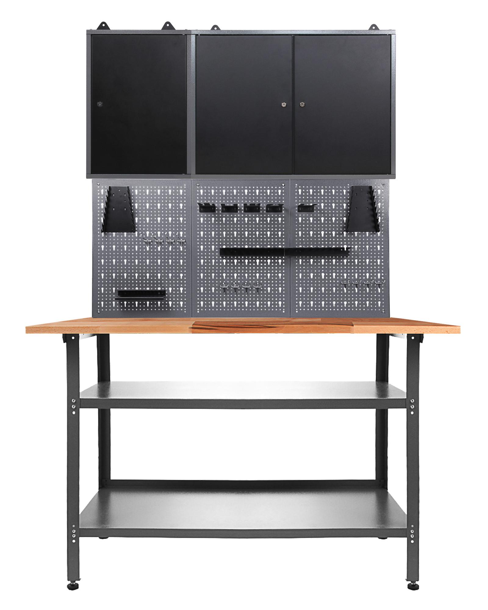 Werkbank-Set Nobbi Echtholz/Stahl B: 120 cm - Anthrazit/Grau, Basics, Holz/Metall (120/205/60cm)