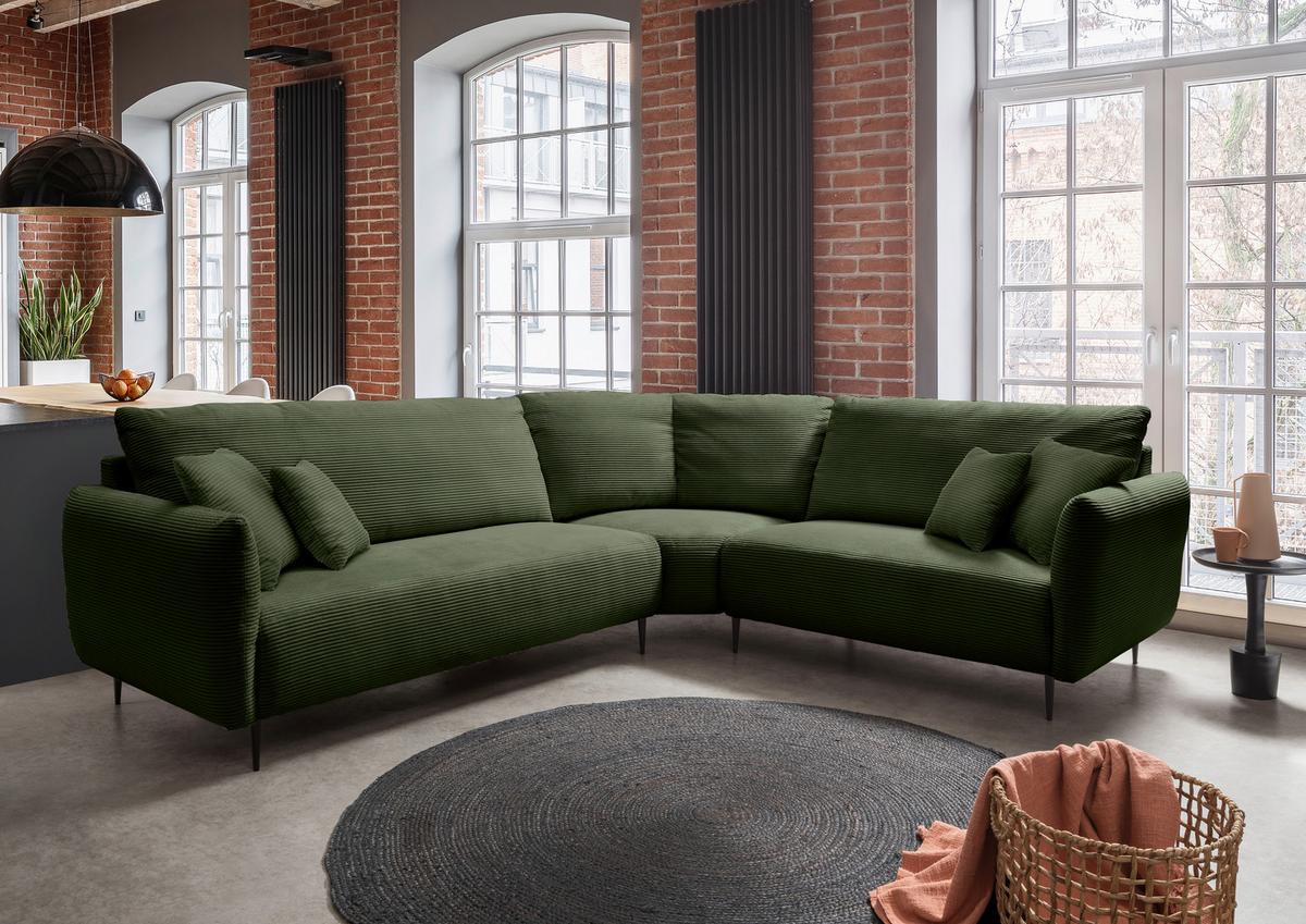 Ecksofa Vanilla Dunkelgrün S: 294x256 cm - Dunkelgrün/Schwarz, Design, Textil (294/256cm) - Livetastic