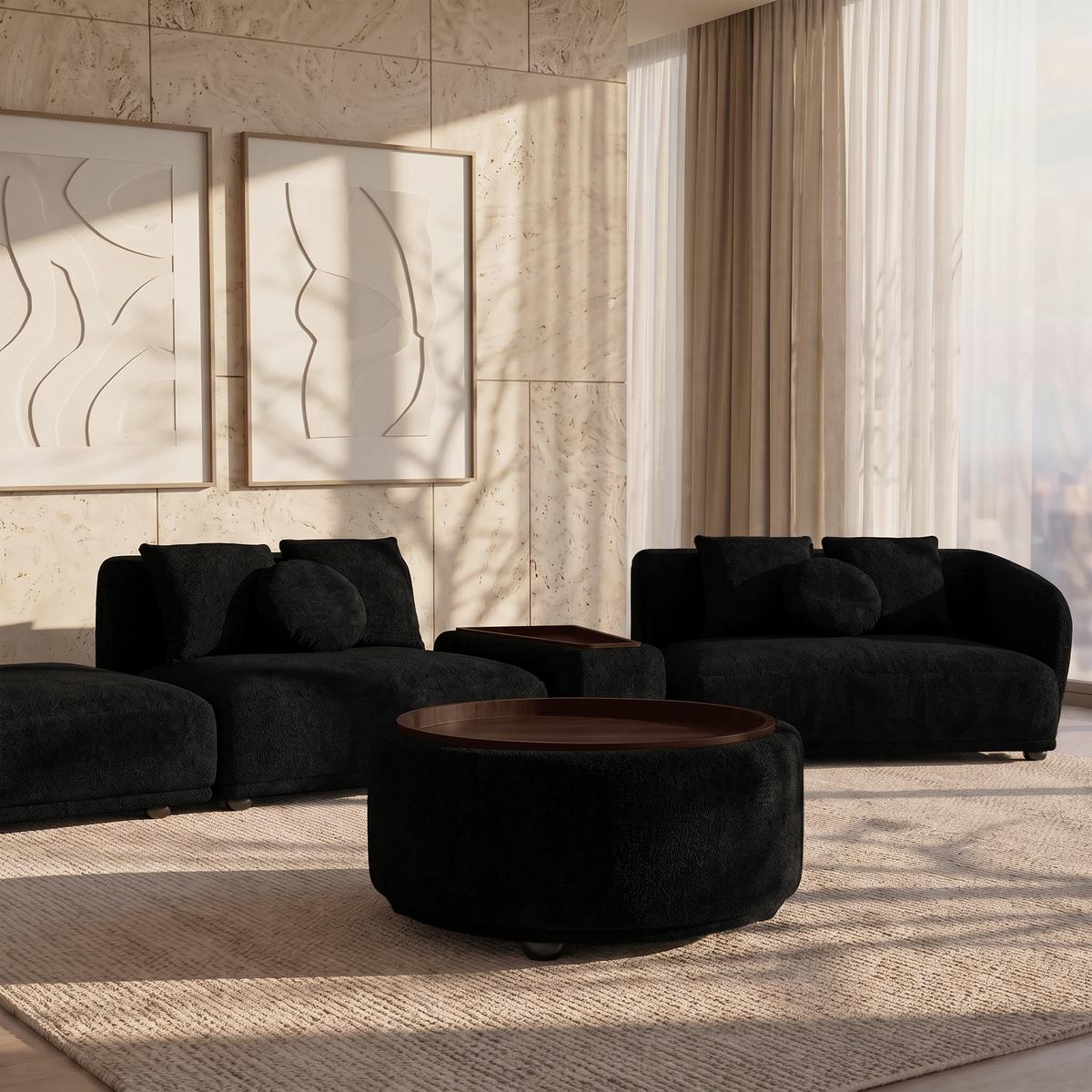 Konferenční stolek KIRA, ženilka černá/ ořech P:86cm - černá, Moderní, dřevo/textil (86/86/43cm) - Bessagi Home
