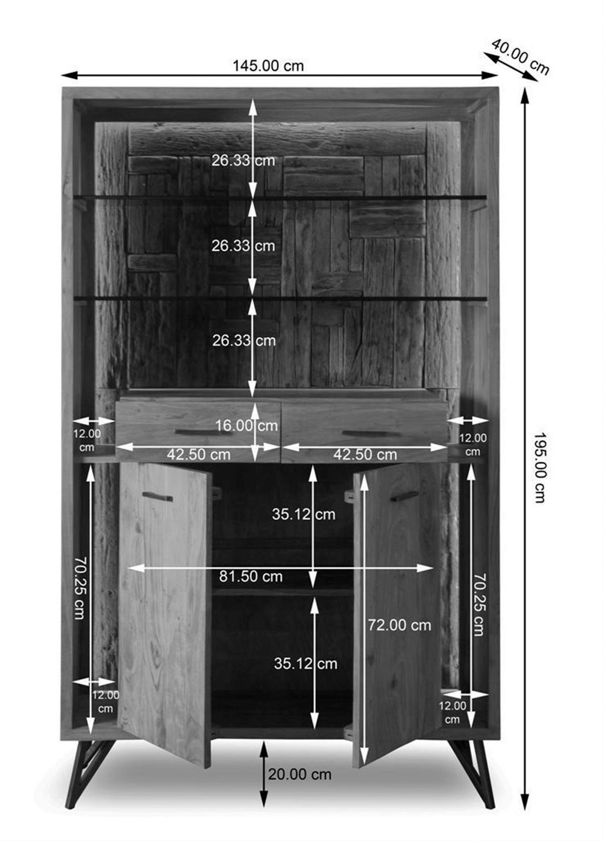 Vitrine Indira Akazie Massiv, B: 115 cm - Schwarz/Akaziefarben, ROMANTIK / LANDHAUS, Glas/Holz (115/195/40cm)