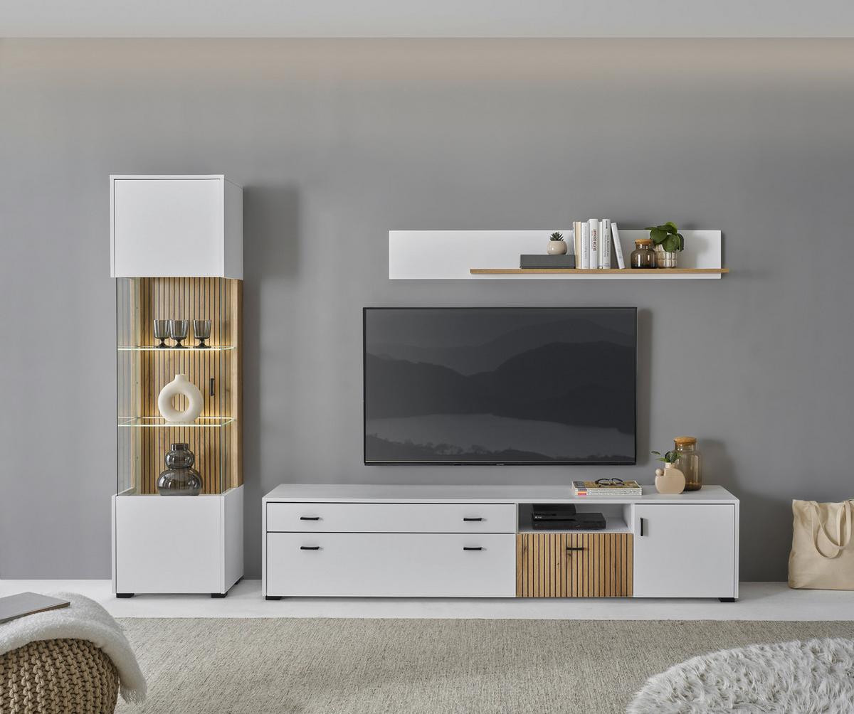 Hudson Wohnwand Weiß/Eichefarben B: 258 cm - Eichefarben/Schwarz, Design, Glas/Holzwerkstoff (258/180/42cm) - MID.YOU
