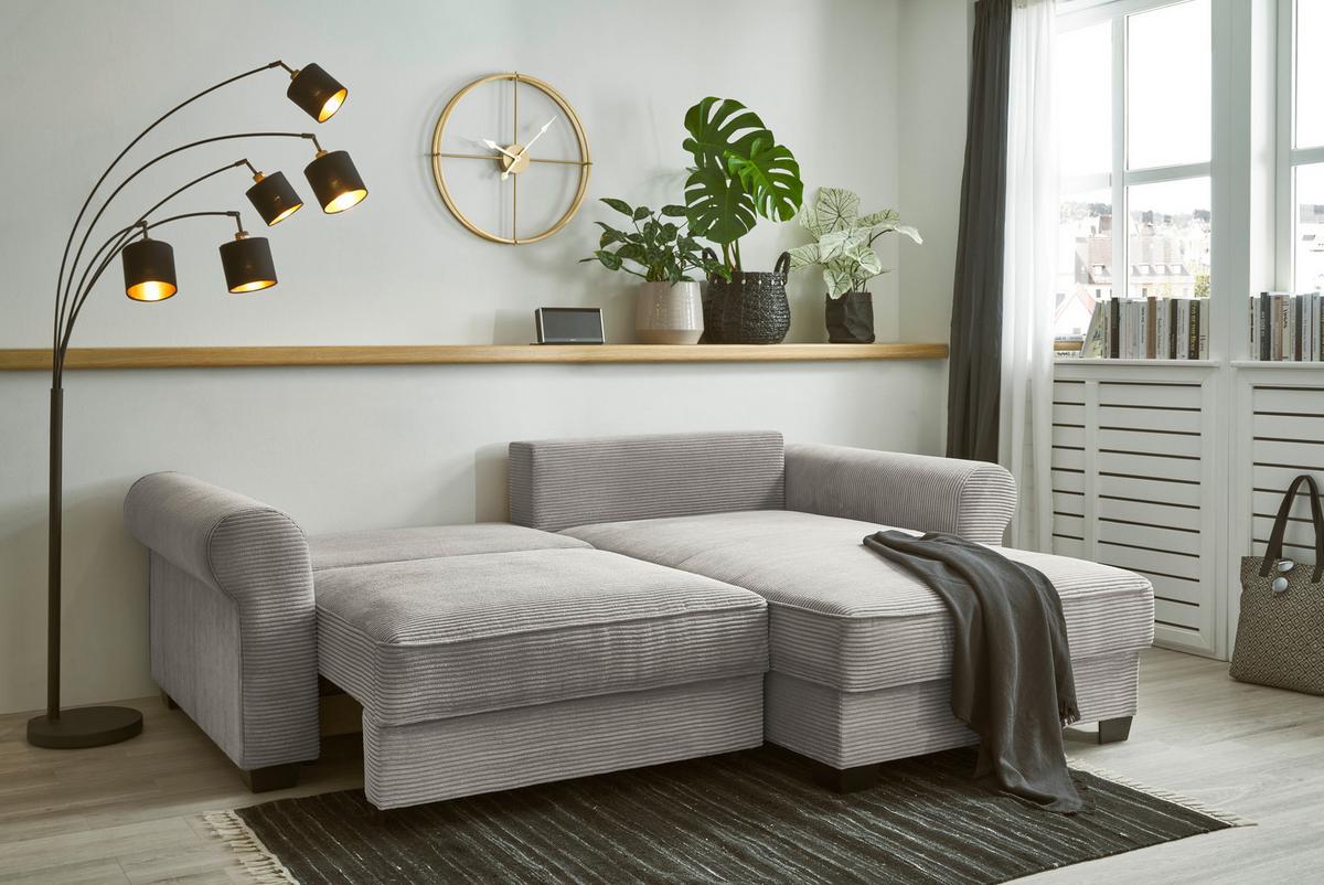 Ecksofa mit Schlaffunktion Angelina Grau Kord - Schwarz/Grau, Basics, Textil (255/92/185cm) - MID.YOU