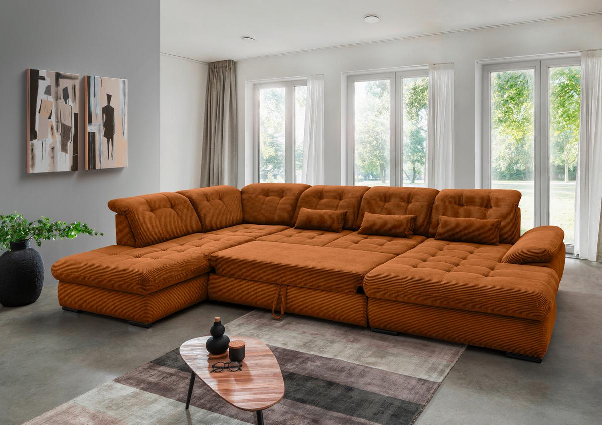 Wohnlandschaft mit Bettkasten Rigatti Goldfarben B: 387 cm - Goldfarben/Schwarz, MODERN, Textil (252/387/184cm) - Livetastic