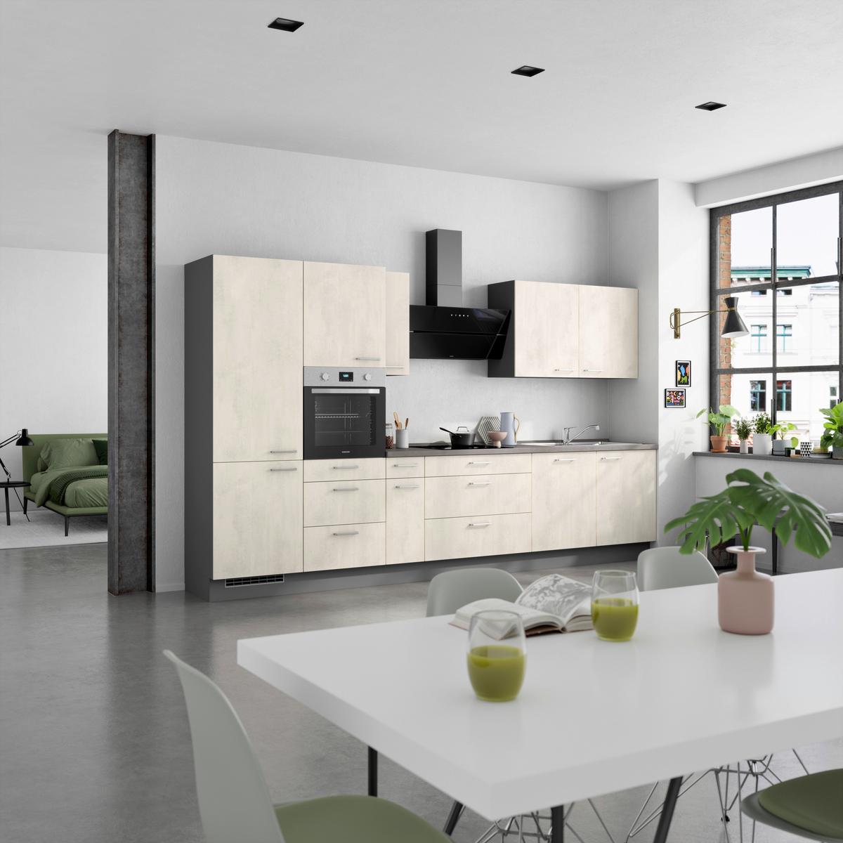 Linka bez spotrebičov a drezu Biela / bridlicový beton - biela/farba ušľachtilej ocele, Modern, kov/kompozitné drevo (360cm) - Nobilia