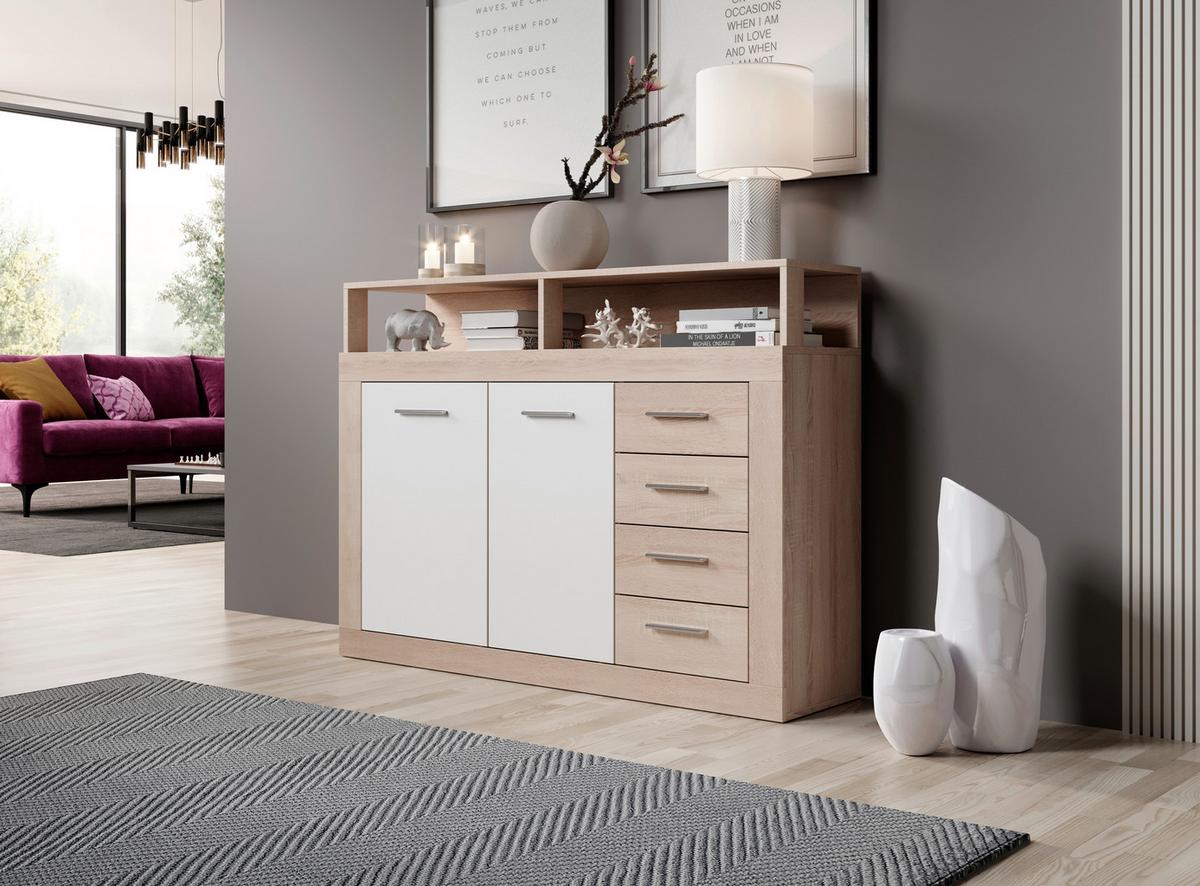 Komoda LUNa bílá/sonoma - bílá/černá, Design, kompozitní dřevo/plast (119,5/96,8/32cm) - MID.YOU