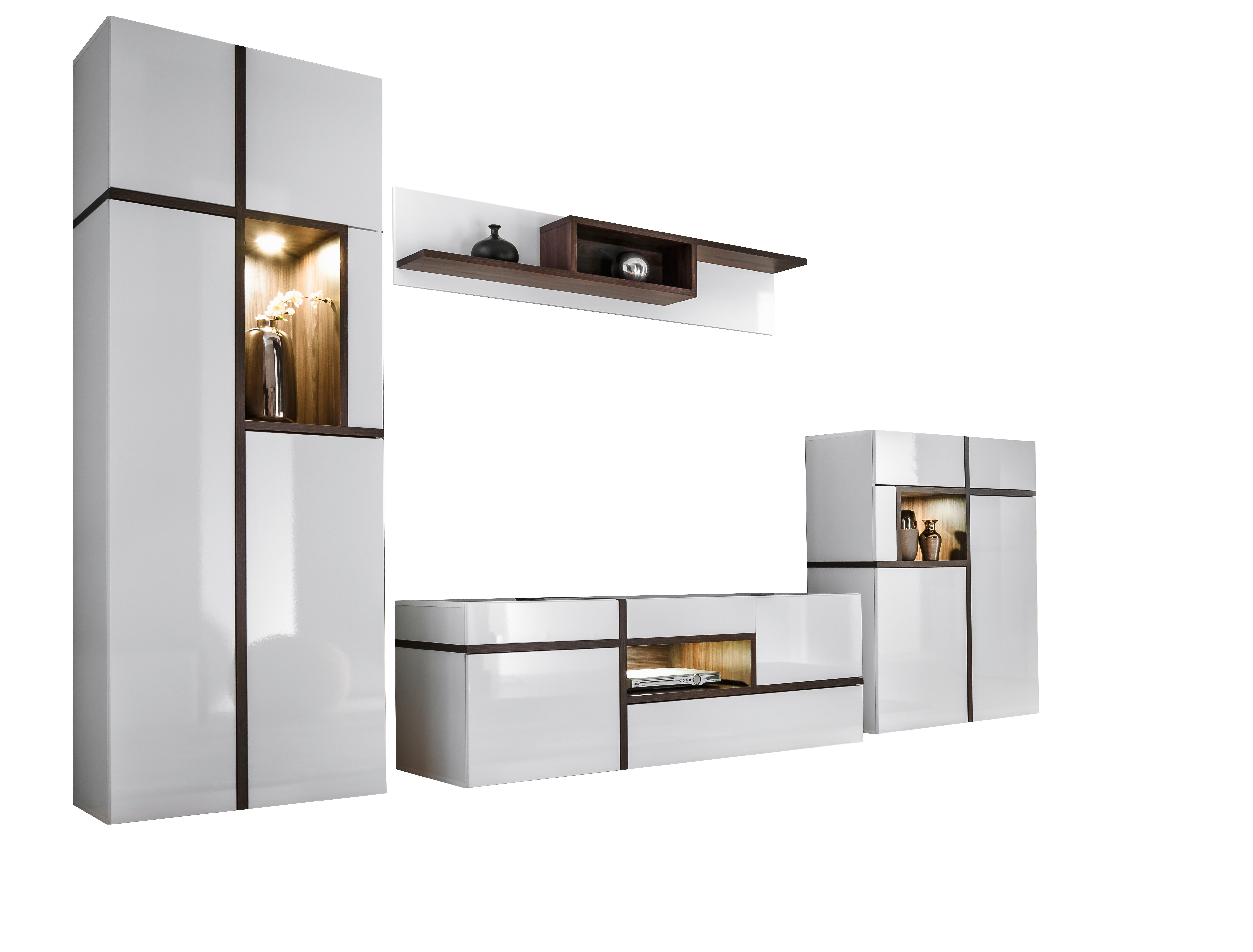 Obývací stěna CROSS, vysoce lesklá bílá - bílá/barvy jilmu, Moderní, kompozitní dřevo/plast (330/195/50cm) - Premium Living
