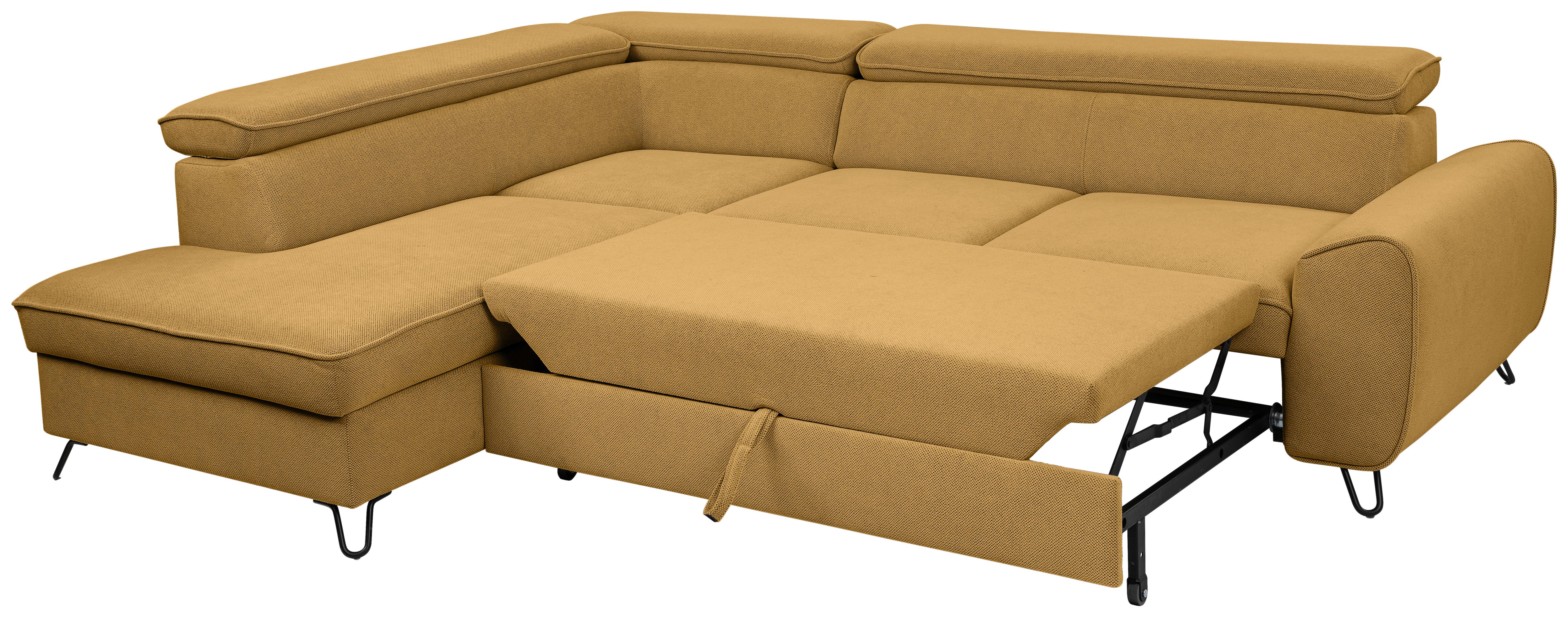 Rohová sedačka IDYLLA, levá curry žlutá,úl.prostor,lůžko - curry žlutá/černá, Design, kov/textil (200/250cm)