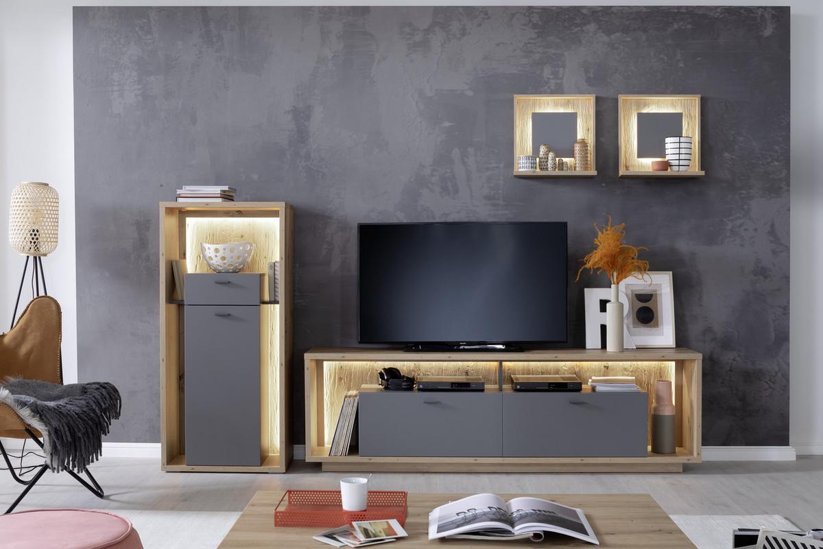 Wohnkombination 4-Tlg. Lizzano Grau/Eichefarben - Eichefarben/Grau, Design, Holzwerkstoff (286/200/40cm) - MID.YOU