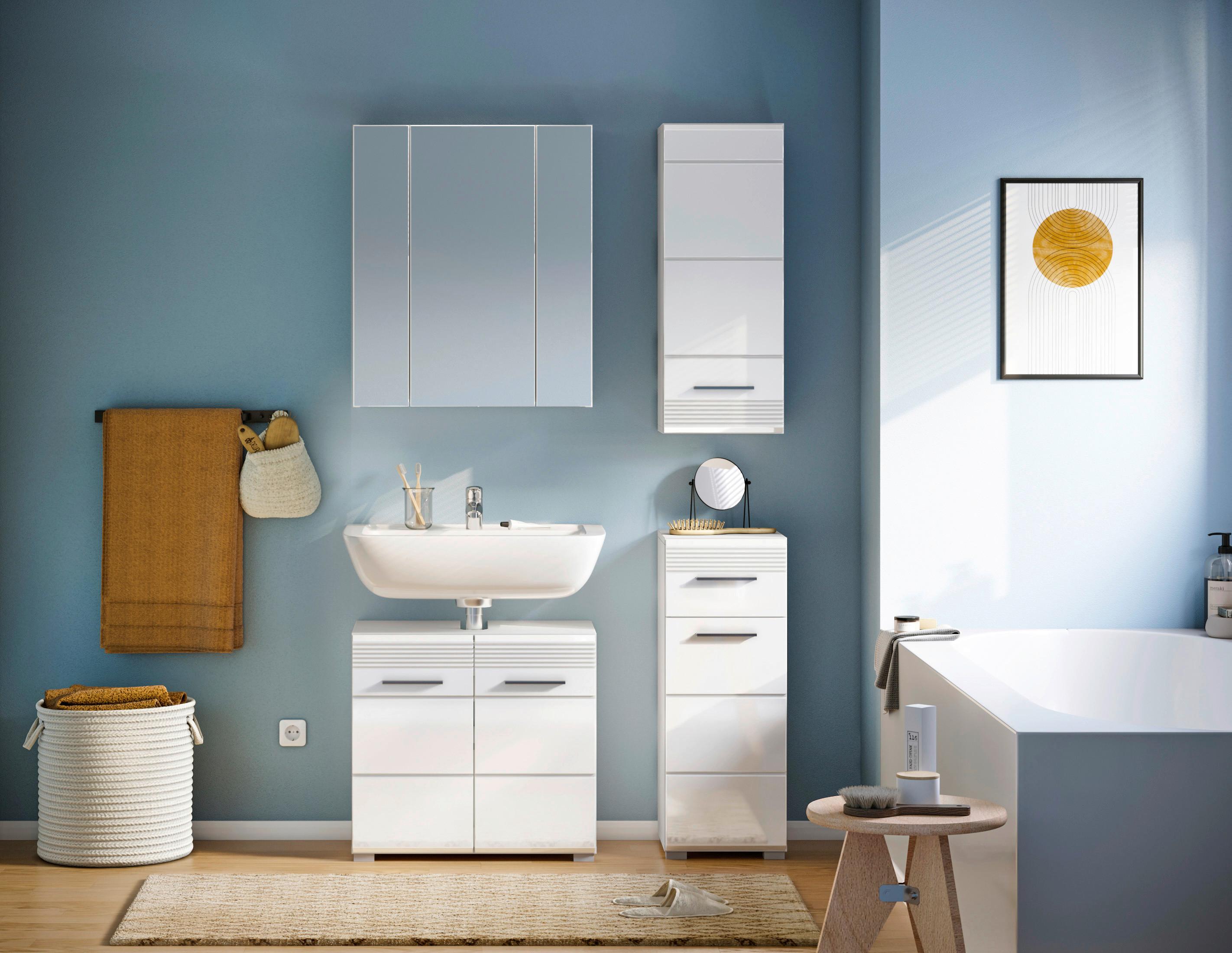Badezimmer Linus Weiß Hochglanz B: 90 cm - Weiß Hochglanz/Silberfarben, MODERN, Glas/Holzwerkstoff (90cm) - MID.YOU