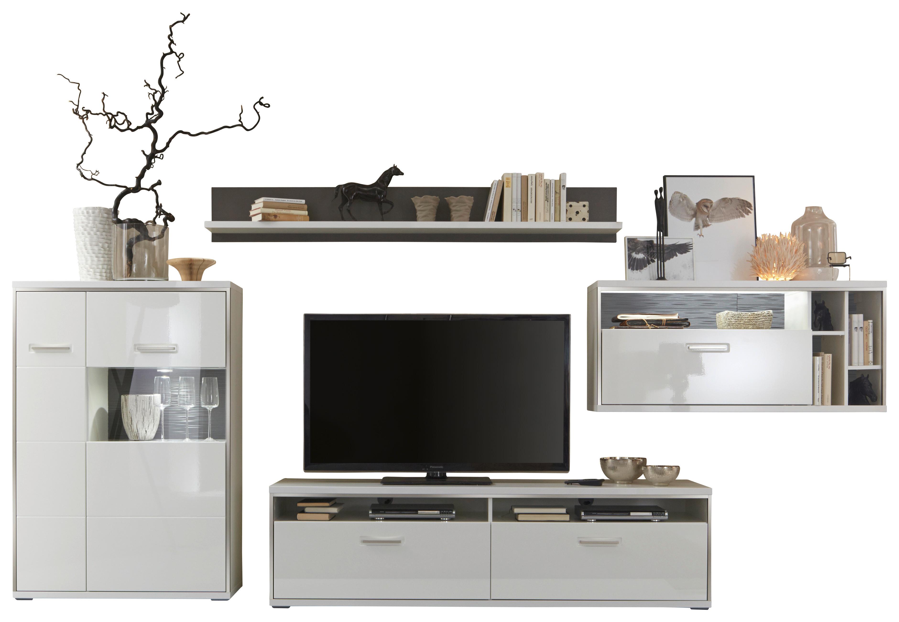 Wohnkombination 4-Tlg. Trento Grau/Silbern/Weiß - Weiß Hochglanz/Silberfarben, Design, Glas/Holzwerkstoff (381/186/52cm) - Livetastic