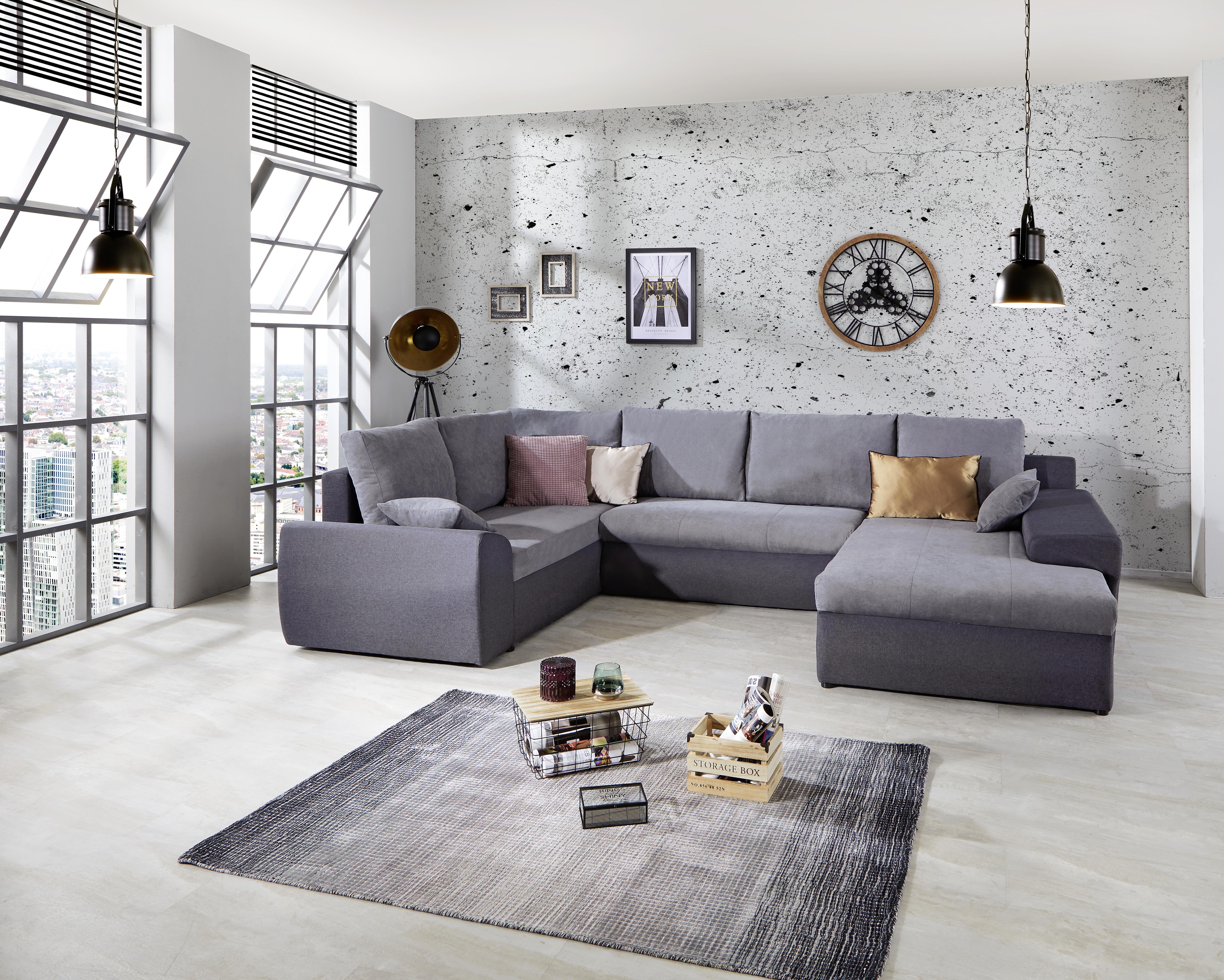 Wohnlandschaft mit Schlaffunktion Party, Webstoff - Dunkelgrau/Grau, Basics, Karton/Holz (180/325/200cm)