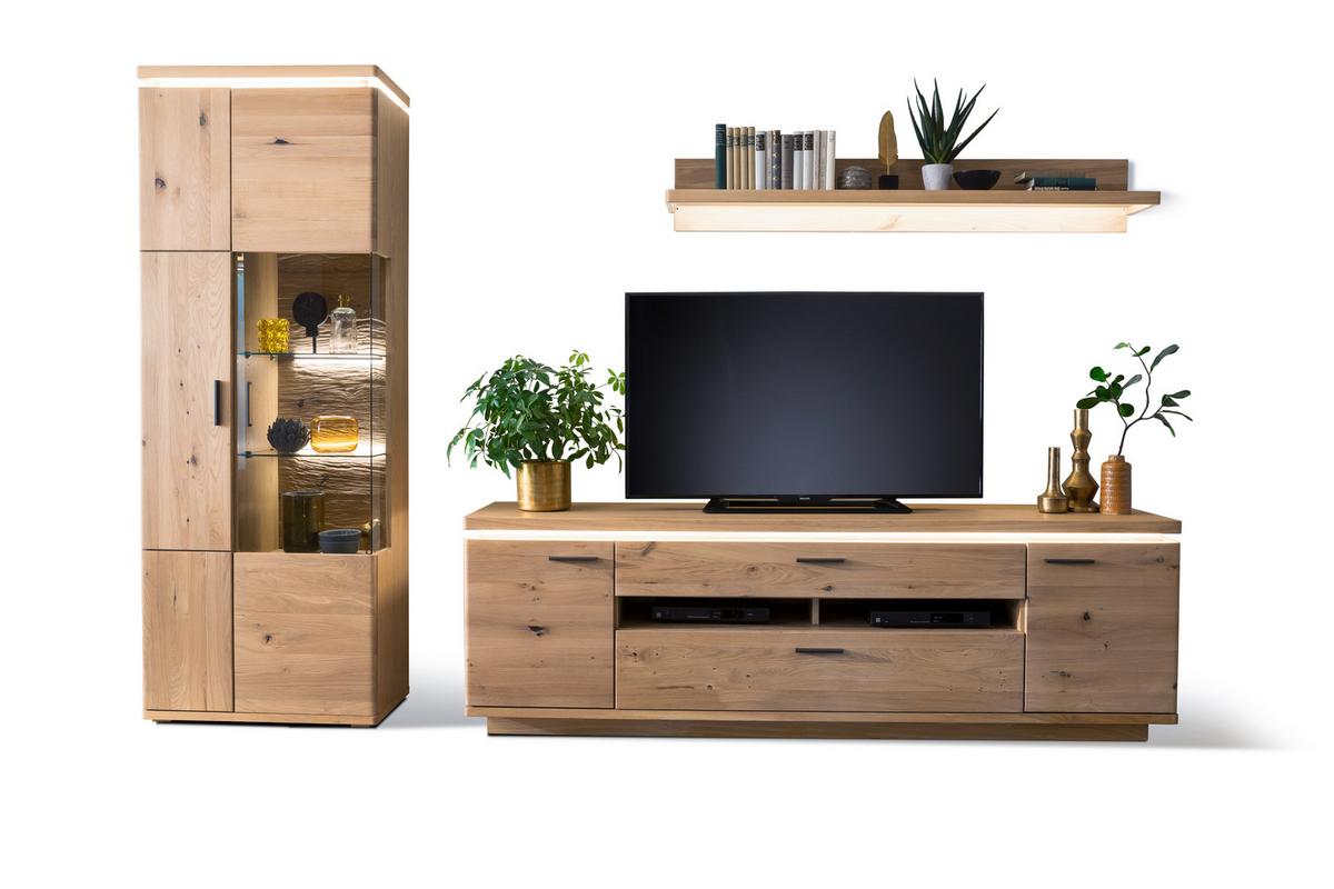 Wohnkombination Teilmassiv 3--Teilig. Barcelona Eichefarben - Eichefarben, Design, Glas/Holz (300/204/50cm) - Livetastic