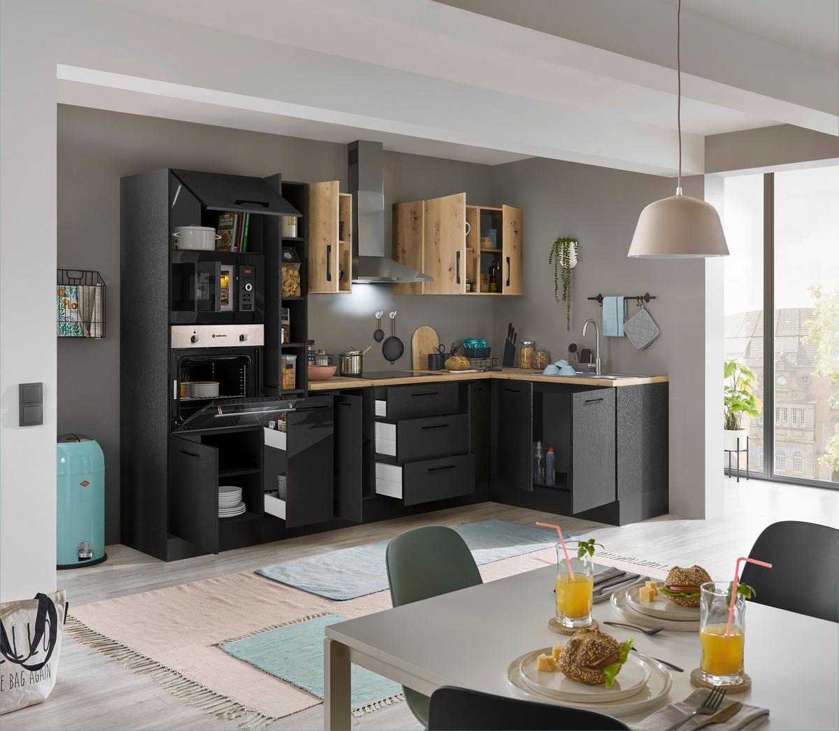 Eckküche Turin Schwarz/Eiche Dekor 300x165 cm - Schwarz/Eiche Artisan, Basics, Holzwerkstoff (300/165cm) - MID.YOU