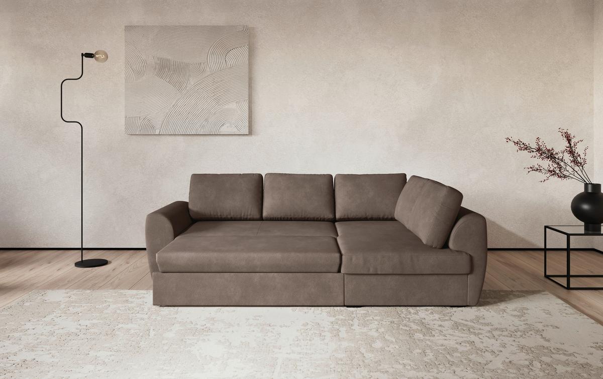 Ecksofa mit Bettfunktion Drift Microfaser taupe, B: 253cm - Taupe/Schwarz, Trend, Textil (253/154cm)