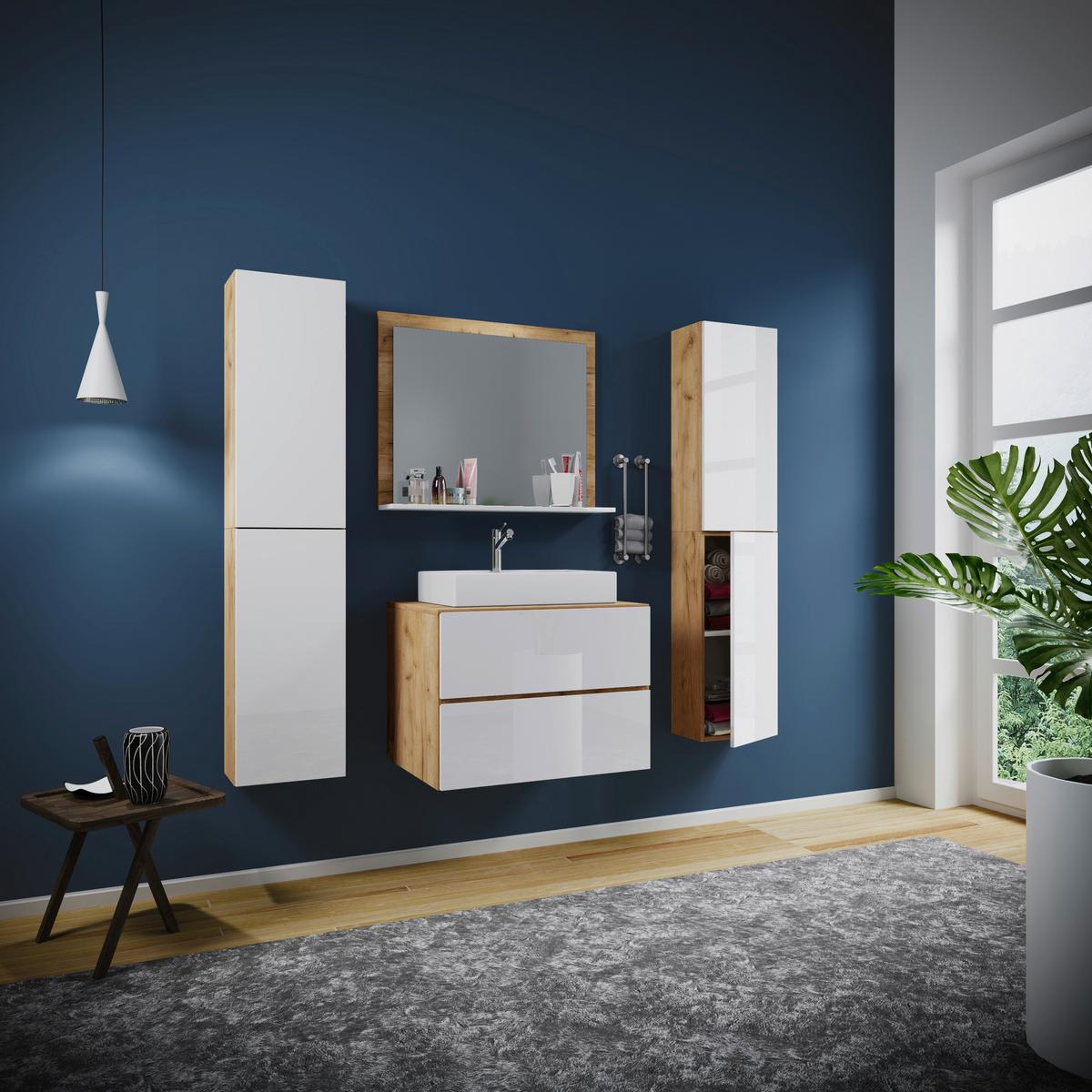 Badezimmer Lendas 5-Teilig Honig B:147 Cm - Honigeiche/Weiß, MODERN, Keramik/Holzwerkstoff (147cm) - MID.YOU