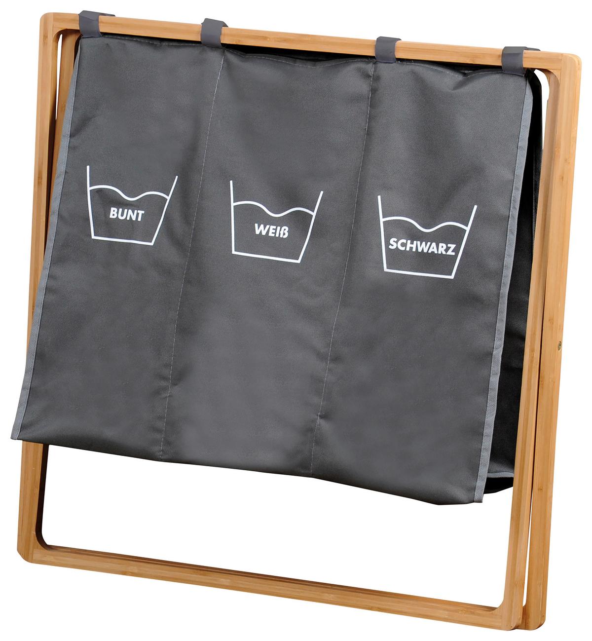 Wäschesack 3er Einteilung Grau/Bambus, 63x38x57 cm - Grau, MODERN, Holz/Kunststoff (63/38/57cm) - Kesper