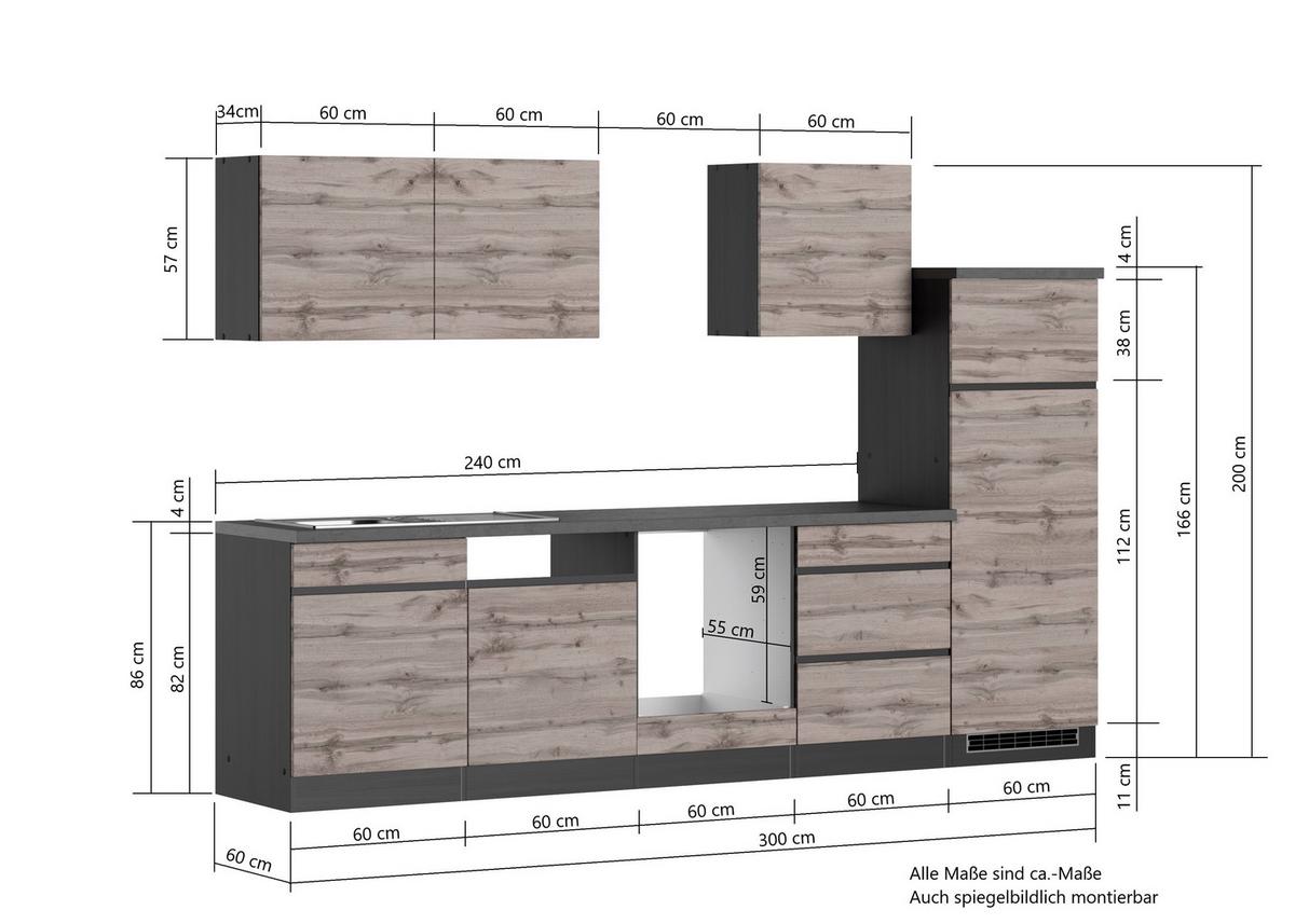 Küchenzeile Turin ohne Geräte B: 300 cm Graphit/Eiche Dekor - Eiche Wotan/Graphitfarben, Design, Holzwerkstoff (300cm) - Held
