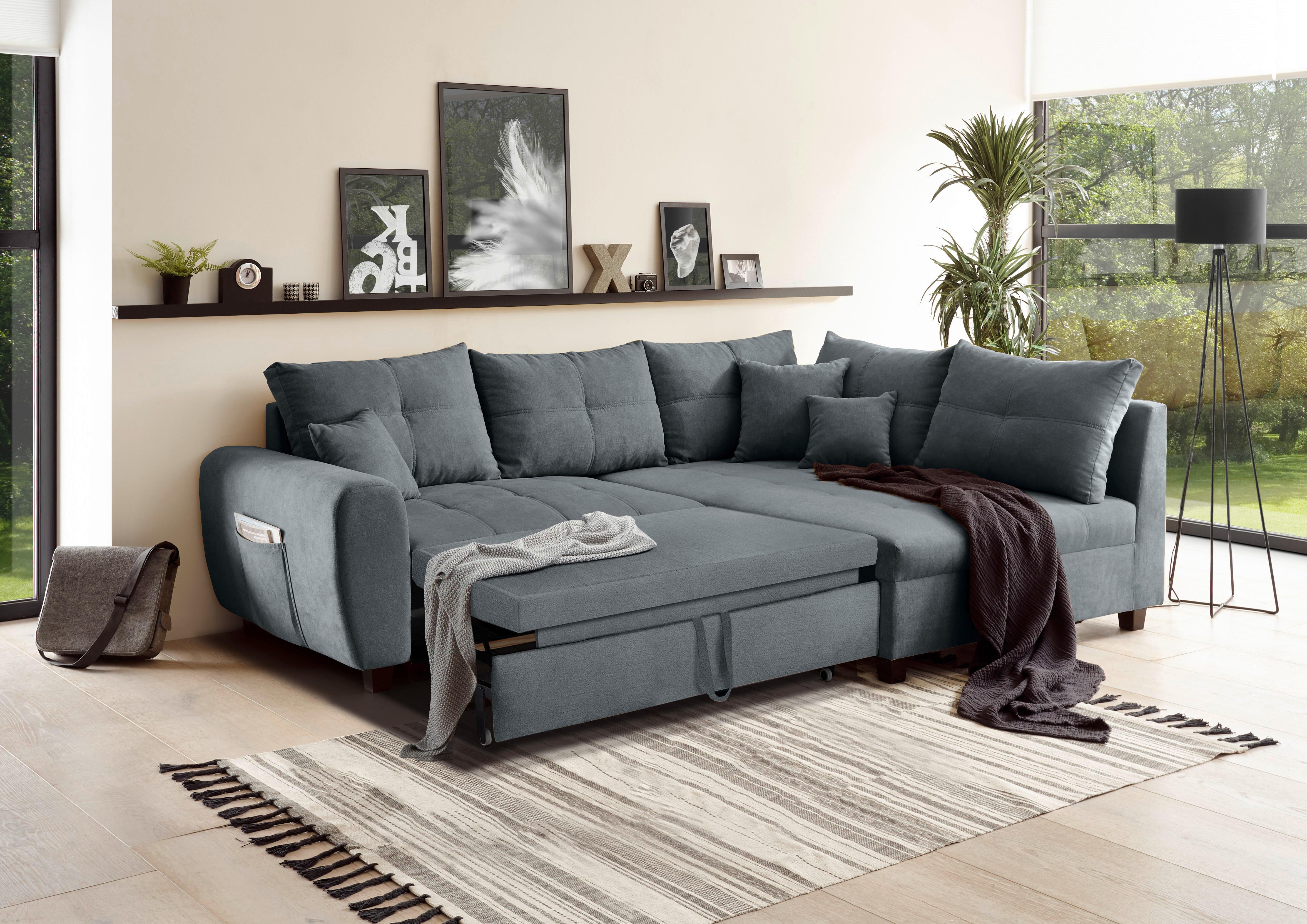 Ecksofa mit Schlaffunktion + Kissen Lea, Polyester-Nylon - Anthrazit/Schwarz, Basics, Holzwerkstoff/Textil (248/176cm) - MID.YOU
